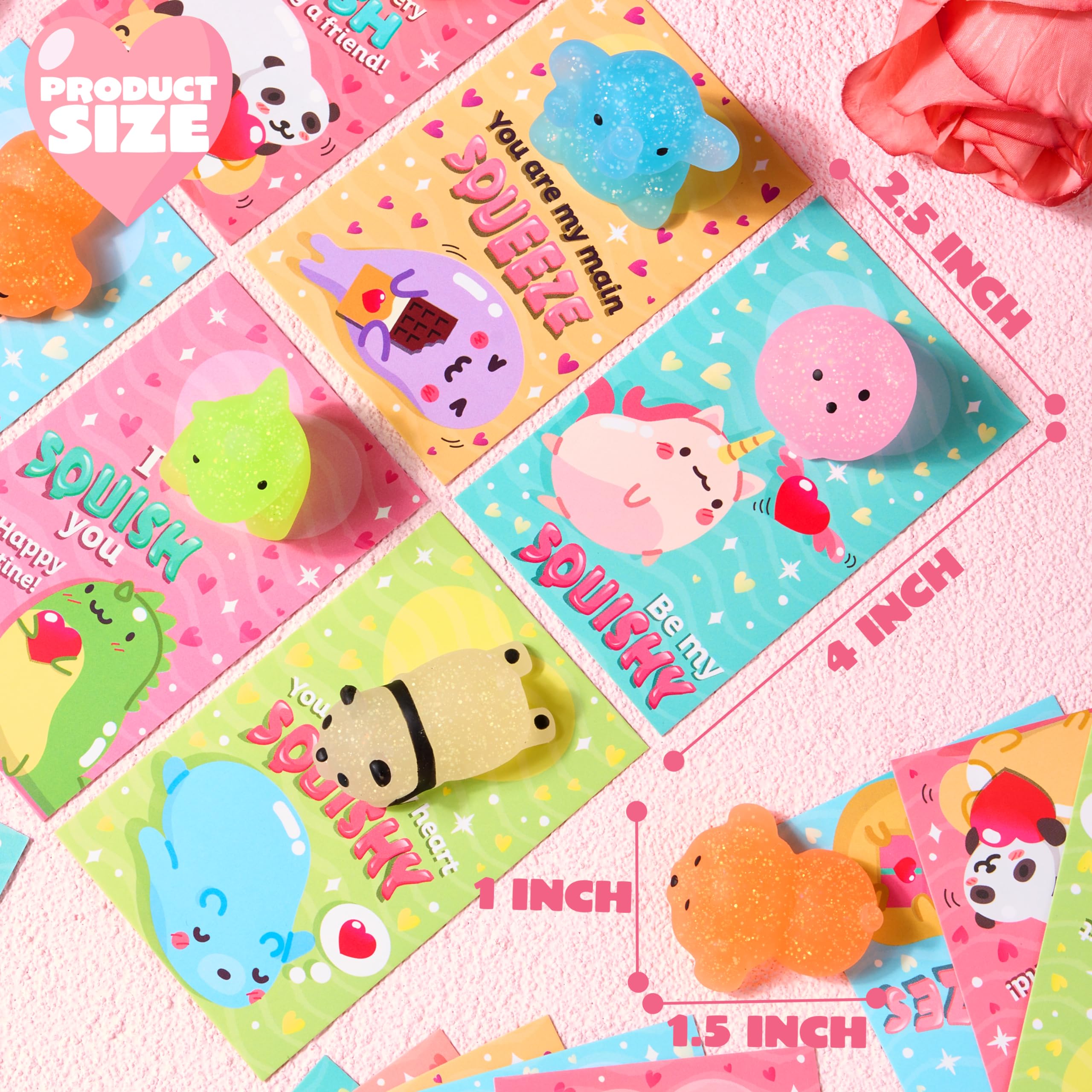 JOYIN 28 Pack Glitter Mochi Squishy Toys with Gift Cards - Stress Relief Fidget Toys for Kids, Valentine's Party Favors, Classroom Prizes & Exchange Gifts - Perfect for Birthday Parties, School Rewards and Sensory Play