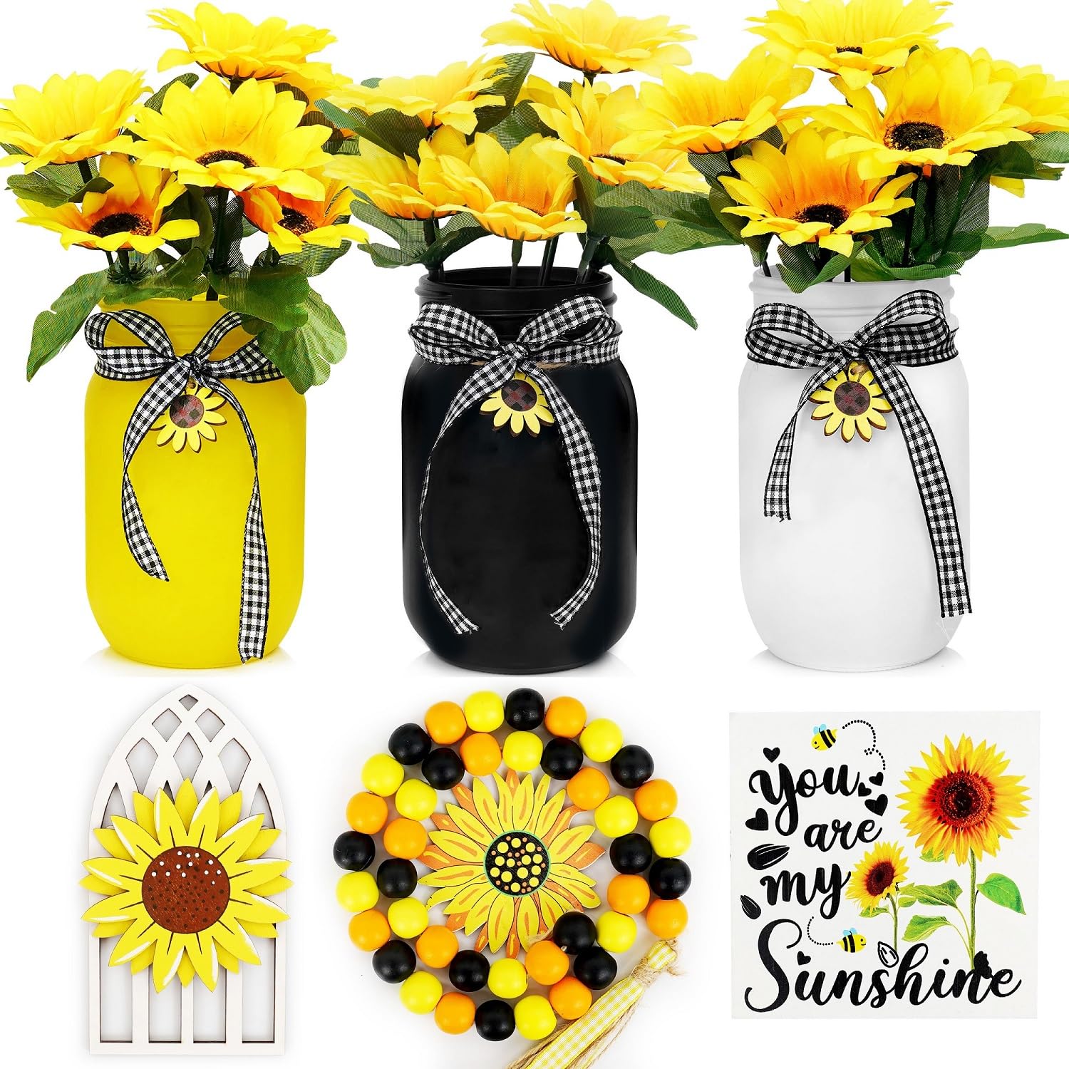Sunflower Decor for Kitchen & Home - Rustic Farmhouse Mason Jar Centerpiece, Summer Tier Tray Decorations | Perfect for Farmhouse Style Kitchens, Dining Tables & Seasonal Home Decor