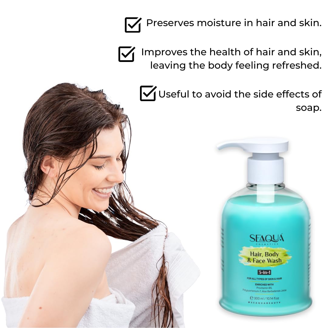 SEAQUA 3 in 1 Hair, Body & Face Wash for Men & Women - Sulfate Free, Paraben Free, Gentle Cleanser (300ml) | Perfect for Travel, Gym & Daily Shower Routine