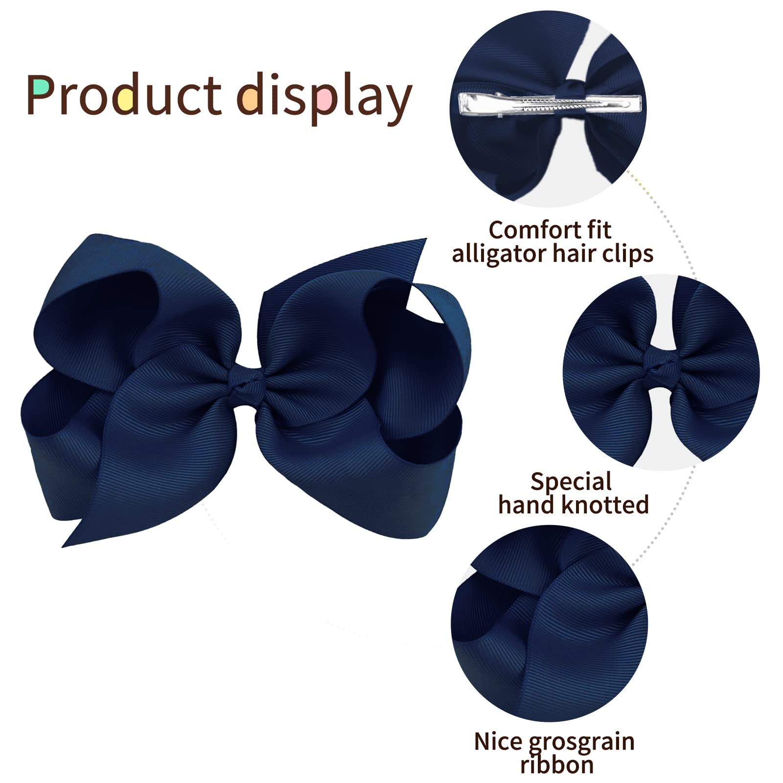 Oaoleer 12PCS Big Hair Bows for Girls - 6 Inch Navy Grosgrain Ribbon Boutique Hair Accessories with Alligator Clips for Toddlers & Kids - Perfect for Birthday Parties, School Events, and Photo Shoots
