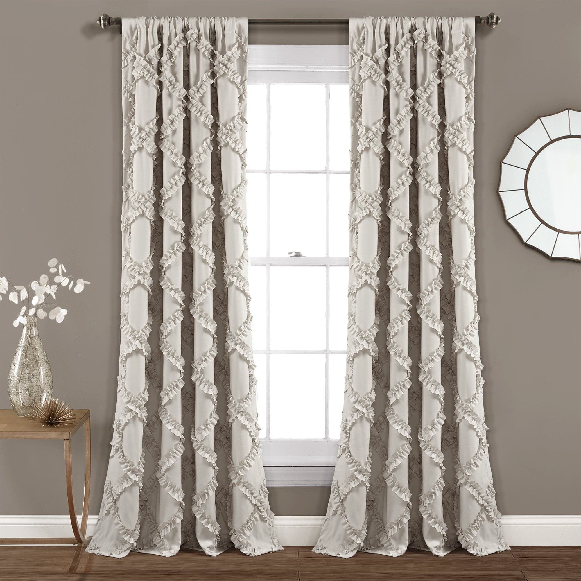 Elegant Ruffle Diamond Window Curtain Set - Blackout Sheer Panels for Living Room & Bedroom - Home Decor Drapes with Ruffled Trim for French Doors & Windows