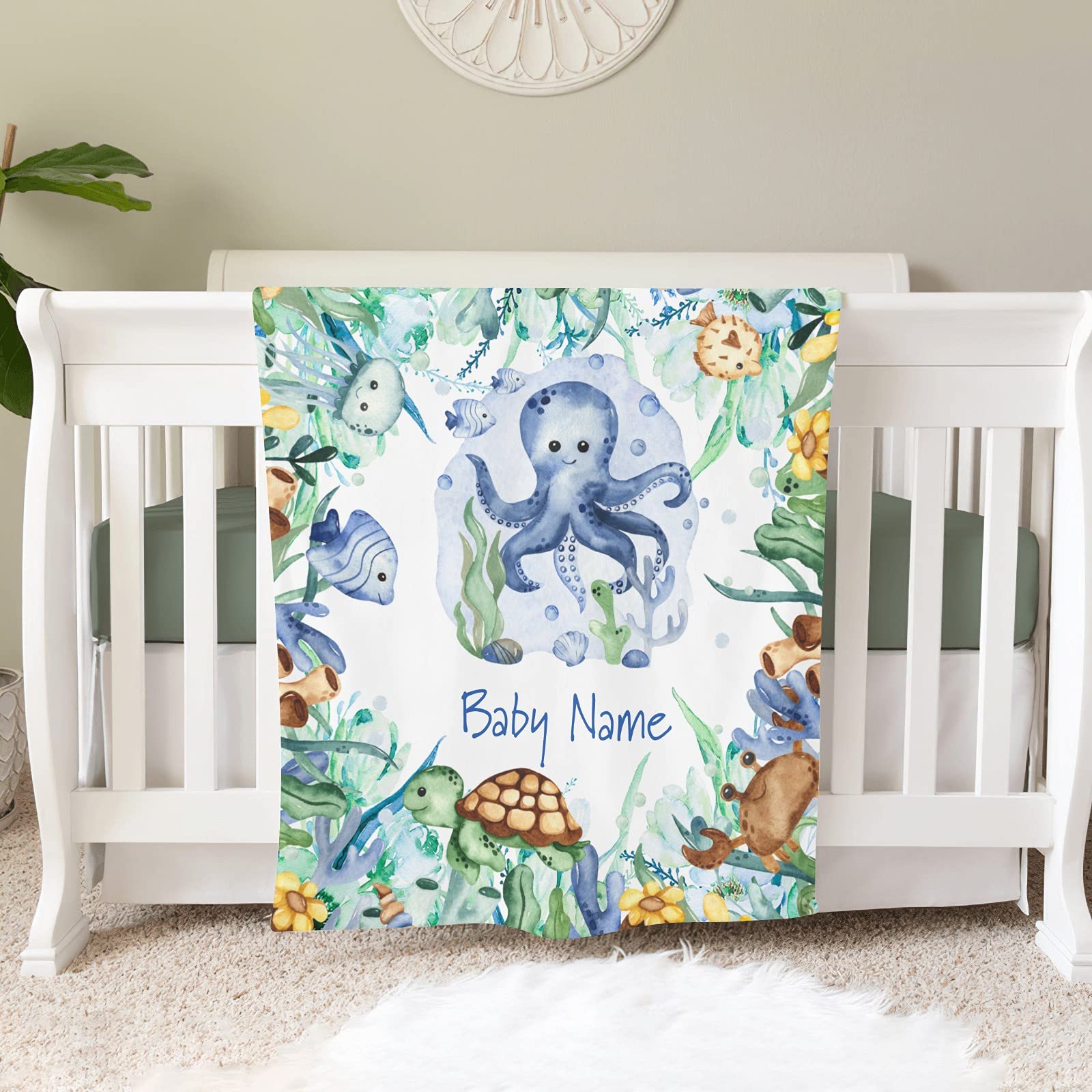 Personalized Baby Fleece Blanket - Custom Name & Birthday Sea Turtle Octopus Design - Super Soft 30x40 Inch Jungle Underwater Theme Blanket for Boys & Girls - Perfect Baby Shower, Newborn Gift & Nursery Decor