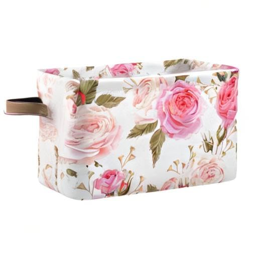 Susiyo Large Foldable Storage Bin - Floral Pink Roses Fabric Collapsible Basket with PU Handles | Organizer for Shelves, Closet, Bedroom & Living Room | Perfect for Home Organization & Decorative Storage (1-Pack)