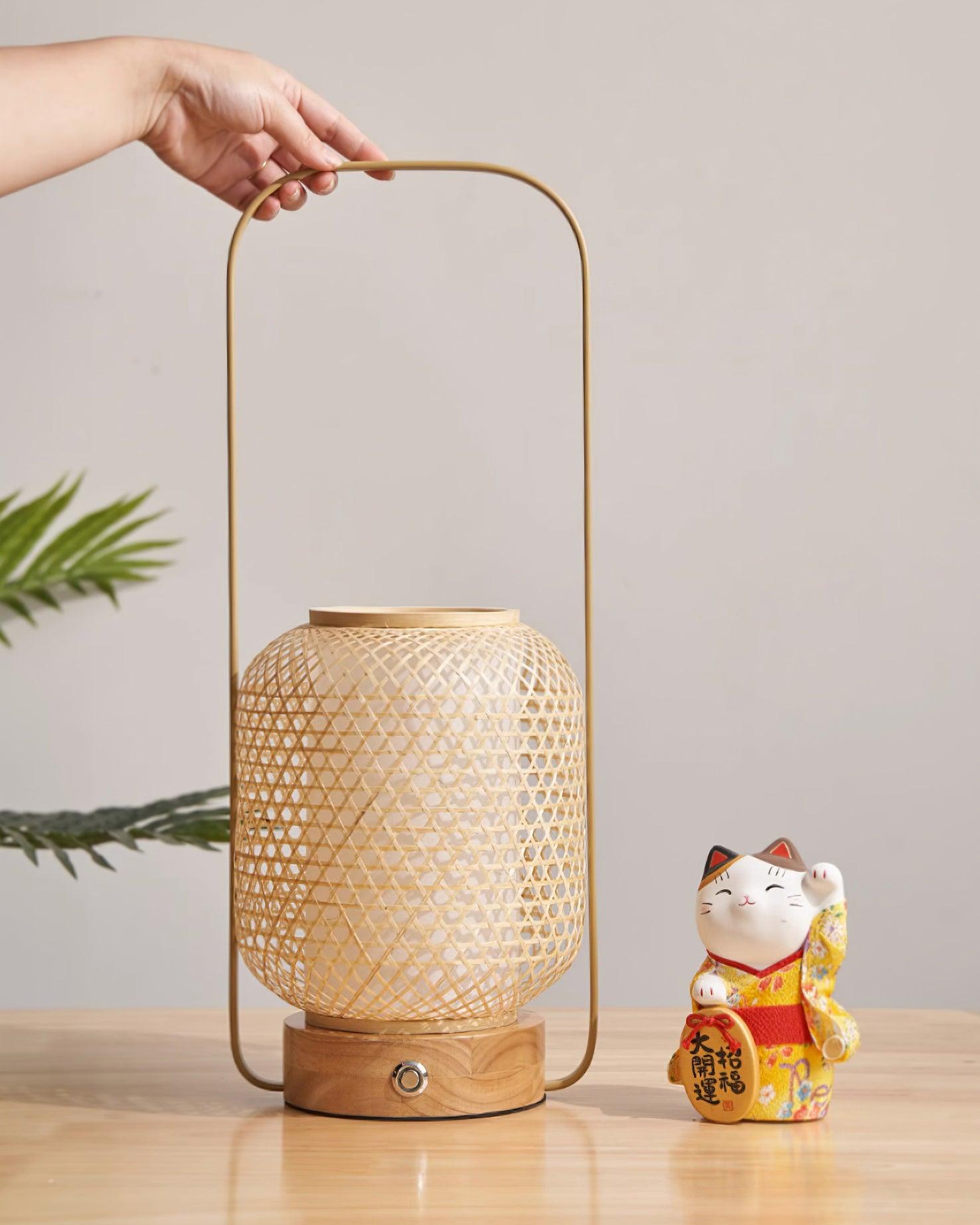 Eco-Friendly Bamboo Lantern Table Lamp - Handmade Natural Rattan Nightstand Light for Bedroom, Living Room, Patio & Outdoor Decor