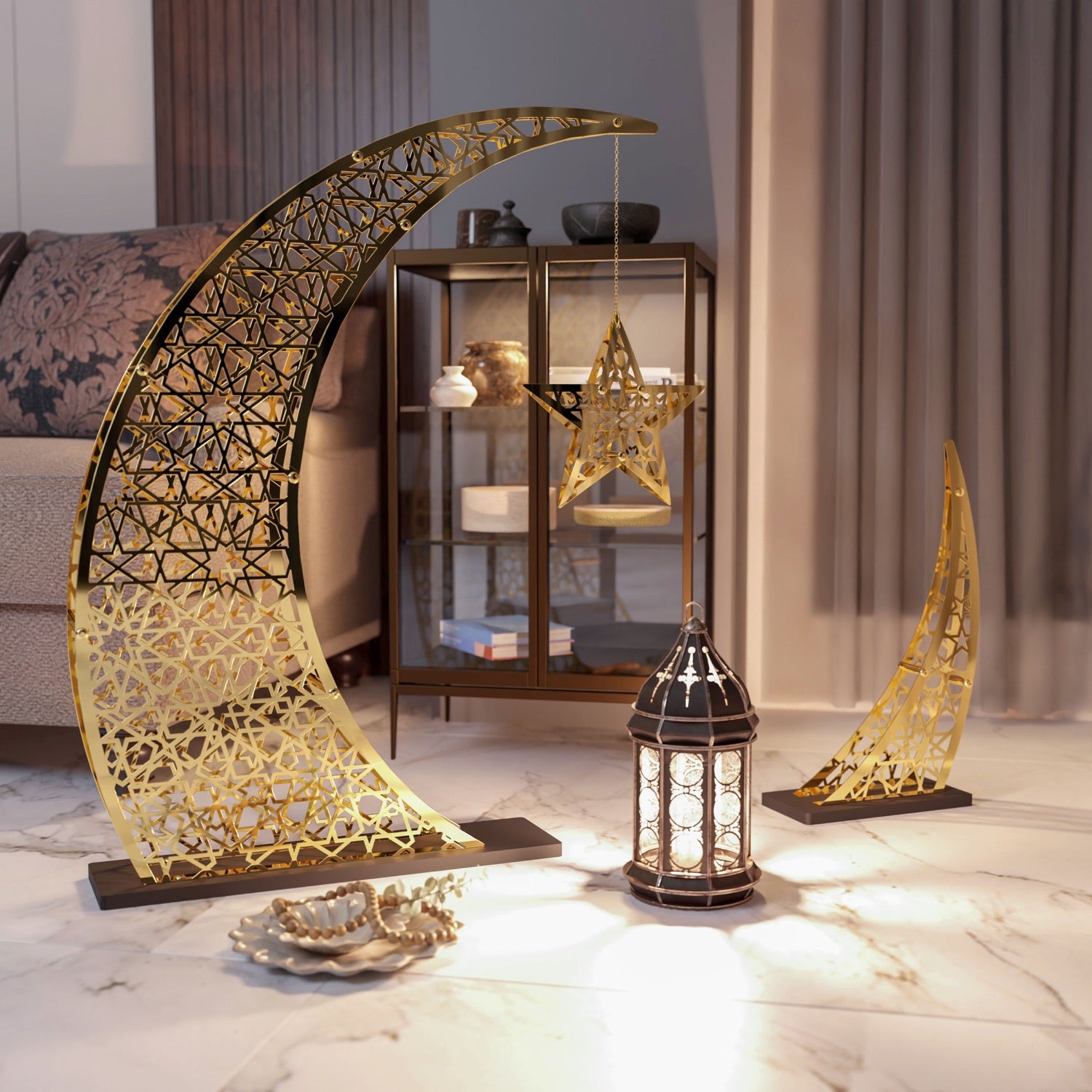 Elegant Crescent & Star Ramadan Decor - Metal Islamic Wall Hanging for Home, Mosque & Eid Celebration Decorations