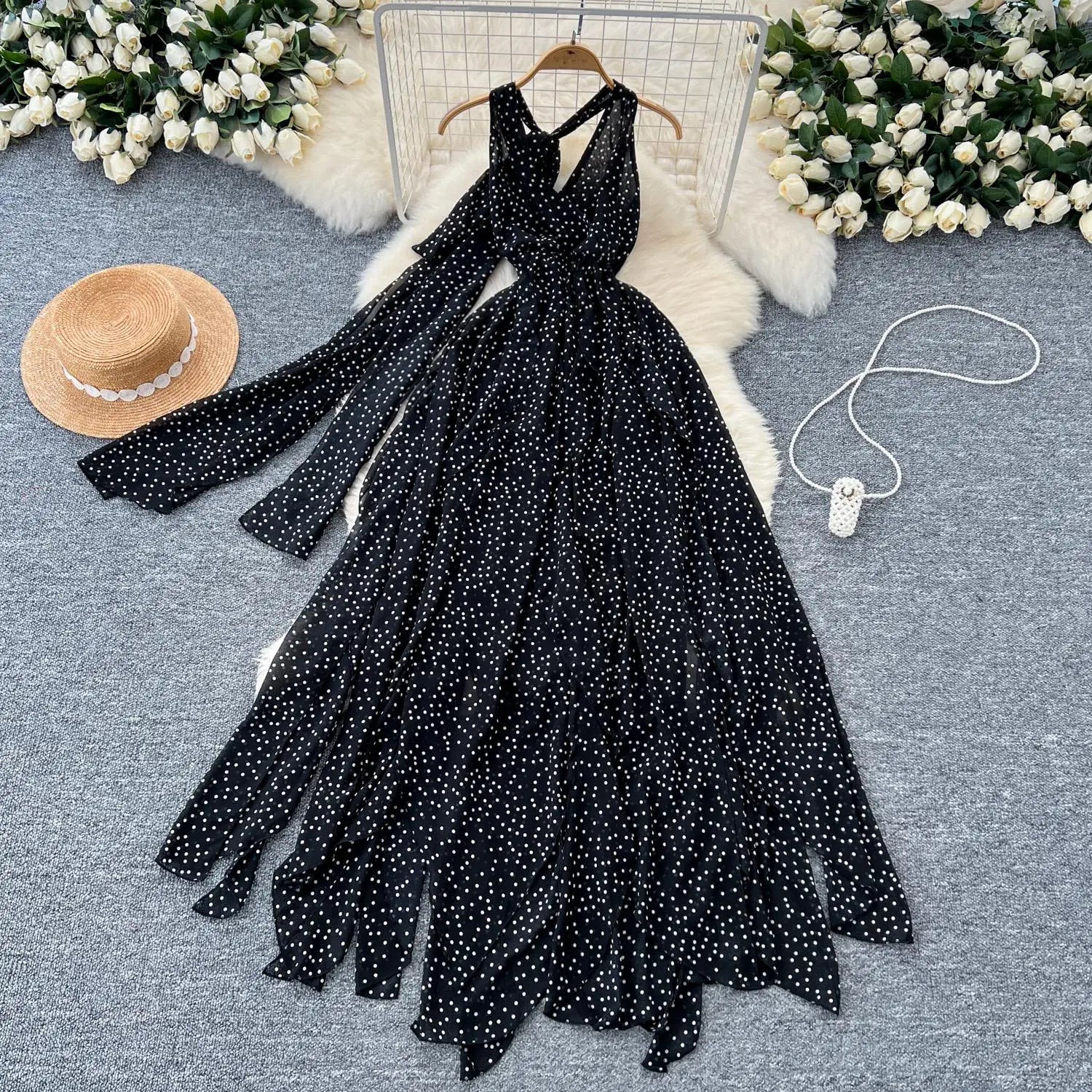 Sexy Black V-Neck Long Club Dress for Women - Slim Sleeveless Backless Irregular Hem Vest Dress | 2024 Summer Fashion Chic Vestidos | Perfect for Nightclubs, Parties & Date Nights