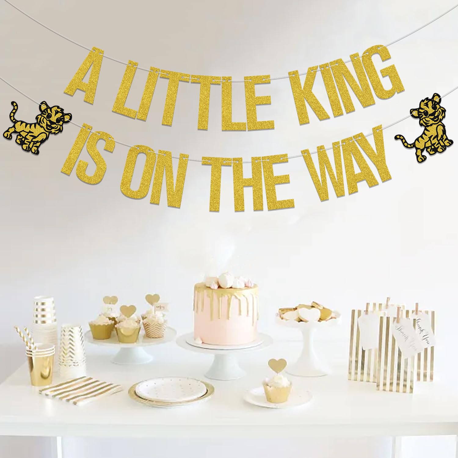 Little King Banner - Gold & Black Glitter Lion King Baby Shower & Birthday Party Decorations | Nursery Wall Decor, Gender Reveal, First Birthday Theme Party Supplies