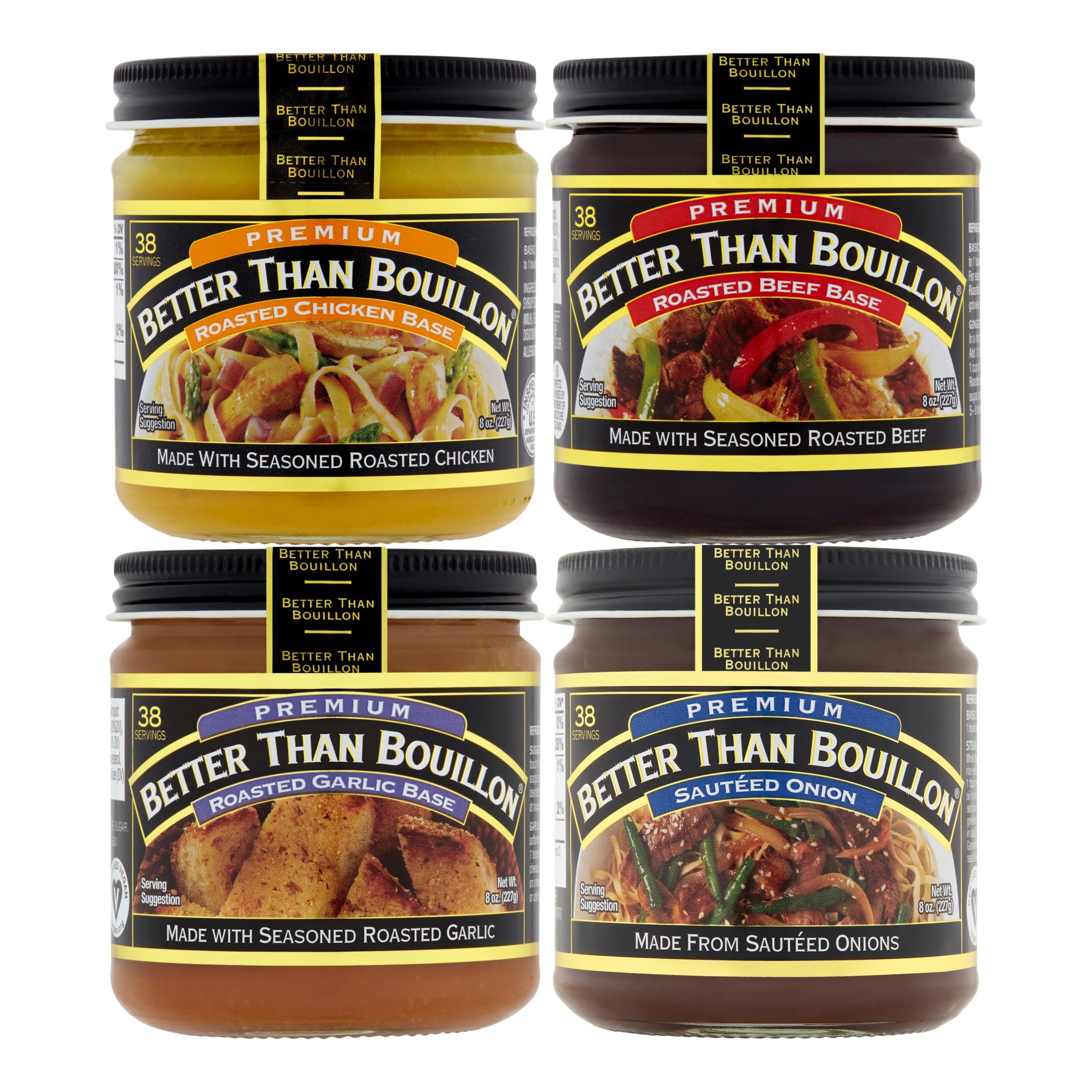 Better Than Bouillon Premium Base Variety Pack - 4 Flavor Bundle (Roasted Chicken, Beef, Garlic, Onion) 8 oz Jars - Gourmet Soup & Cooking Stock Concentrate for Chefs, Home Cooks & Meal Prep - Perfect for Soups, Stews, Gravies & Sauces