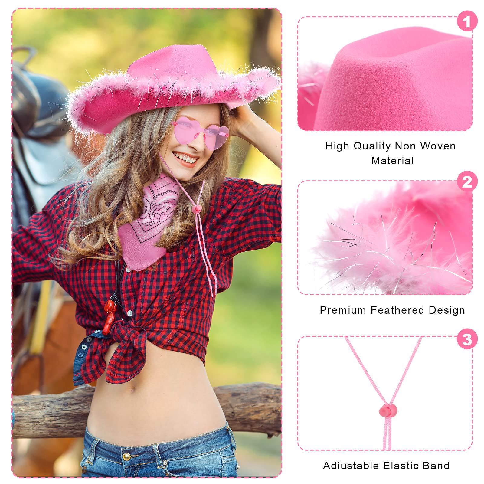 24 Pack Cowgirl Hats with Paisley Bandana & Heart Sunglasses Set - Fluffy Feather Boa Cowboy Hats for Western Party, Bachelorette, Halloween & Costume Events (Pink, Stylish) - Perfect for Country Themed Parties, Rodeo Events & Photo Shoots