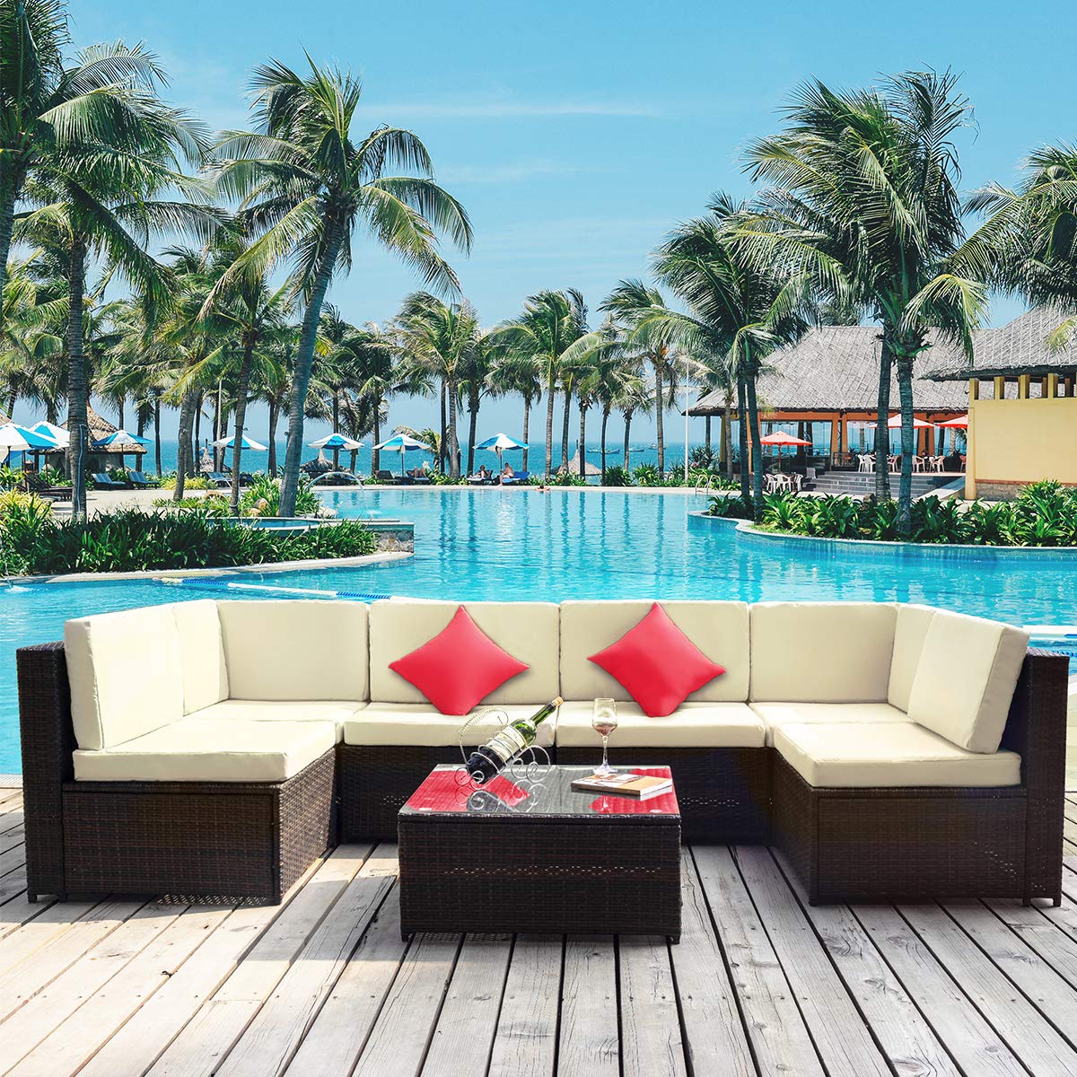 7-Piece Outdoor Patio Furniture Set - All-Weather Rattan Wicker Sectional Sofa with Cushions & Tempered Glass Coffee Table - Beige - Perfect for Backyard, Garden, Poolside & Patio Relaxation