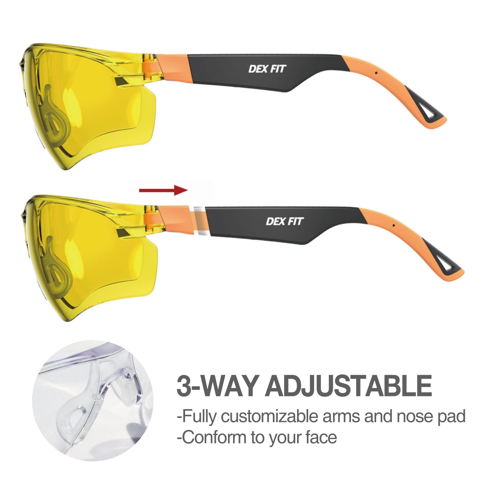 DEX FIT Safety Glasses SG210 - ANSI Z87.1 Certified Protective Eyewear for Men & Women | Anti-Fog, Scratch Resistant, UV & Blue Light Protection | Adjustable Black/Orange Frame with Yellow Lens | Perfect for Construction, Lab Work & Outdoor Activities