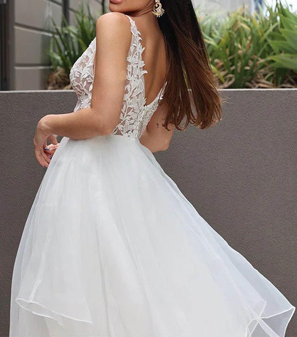 Elegant Double V Neck Lace Applique Wedding Dress for Bride - A-Line Tulle Ball Gown with Lace Detailing | Perfect for Bridal Showers, Wedding Ceremonies & Formal Events