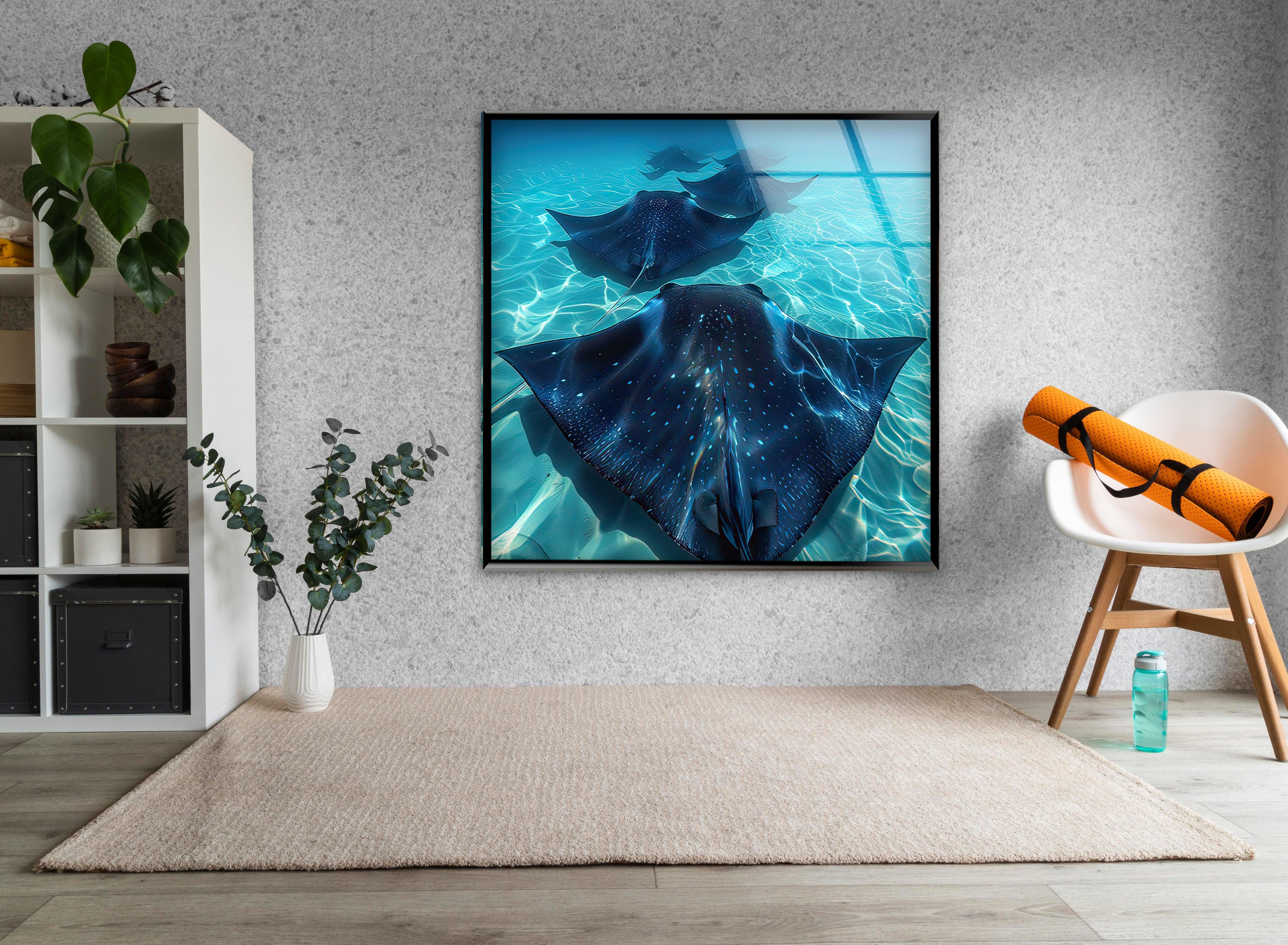 Blue Manta Ray Glass Wall Art - Handcrafted Ocean Themed Decor for Living Room, Bedroom & Office - Perfect Coastal Home Decor Gift