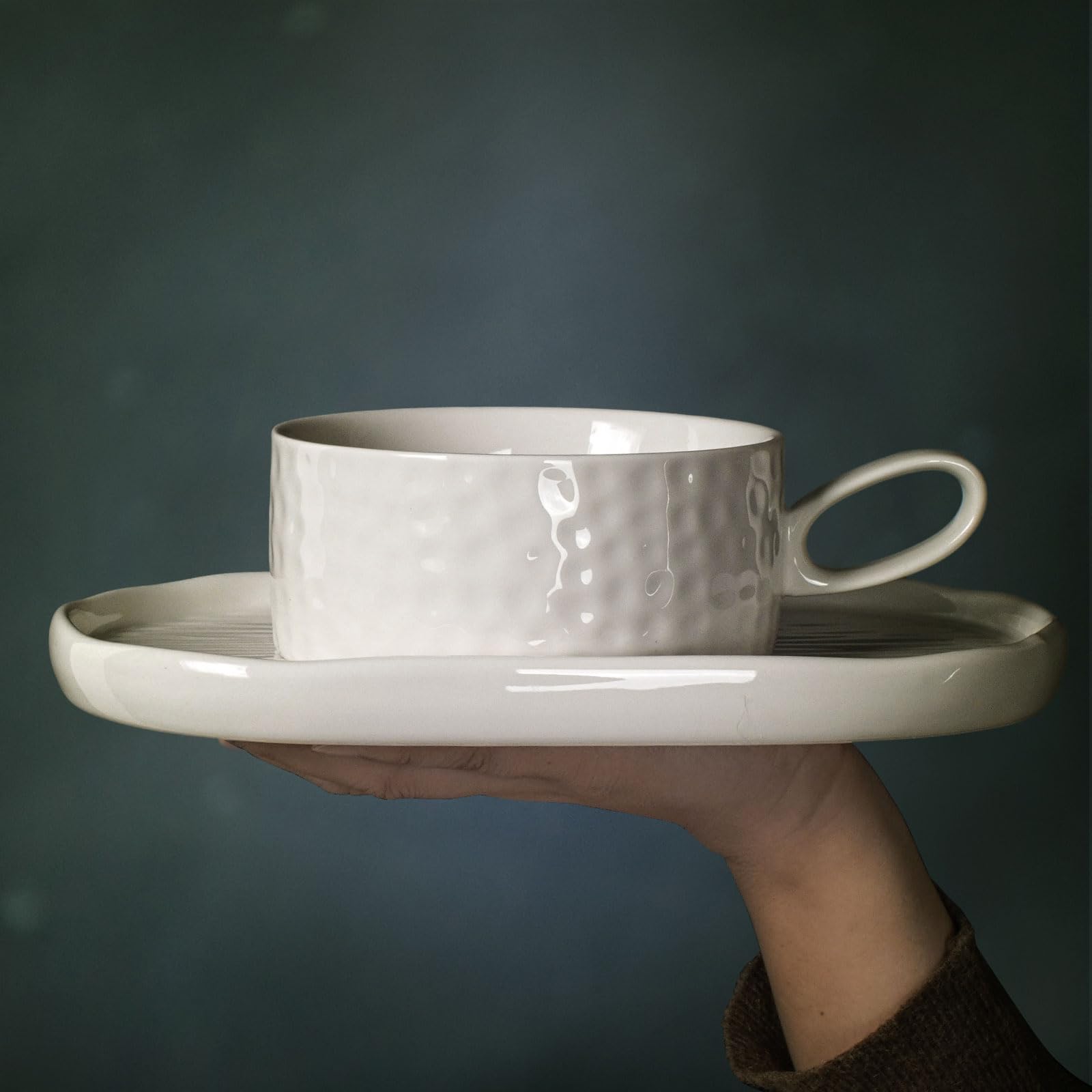 18oz Ceramic Soup Bowl with Handle & Salad Plate Set - Microwave & Dishwasher Safe Cream White Soup Mug for Cereal, Pasta, Appetizers, Dessert - Perfect for Family Dinners, Office Lunches & Picnics