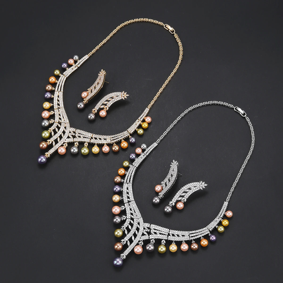 Luxury White Pearl Necklace & Earrings Set with Cubic Zirconia - Elegant Wedding Bridal Jewelry for Women - Perfect for Weddings, Parties, and Special Occasions