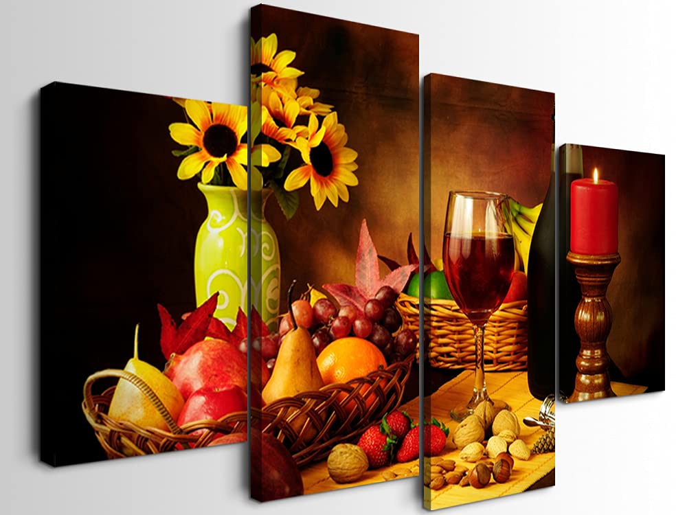 Modern Kitchen Wall Art Set of 4 - Food & Wine Canvas Prints for Dining Room Decor - Ready to Hang 56