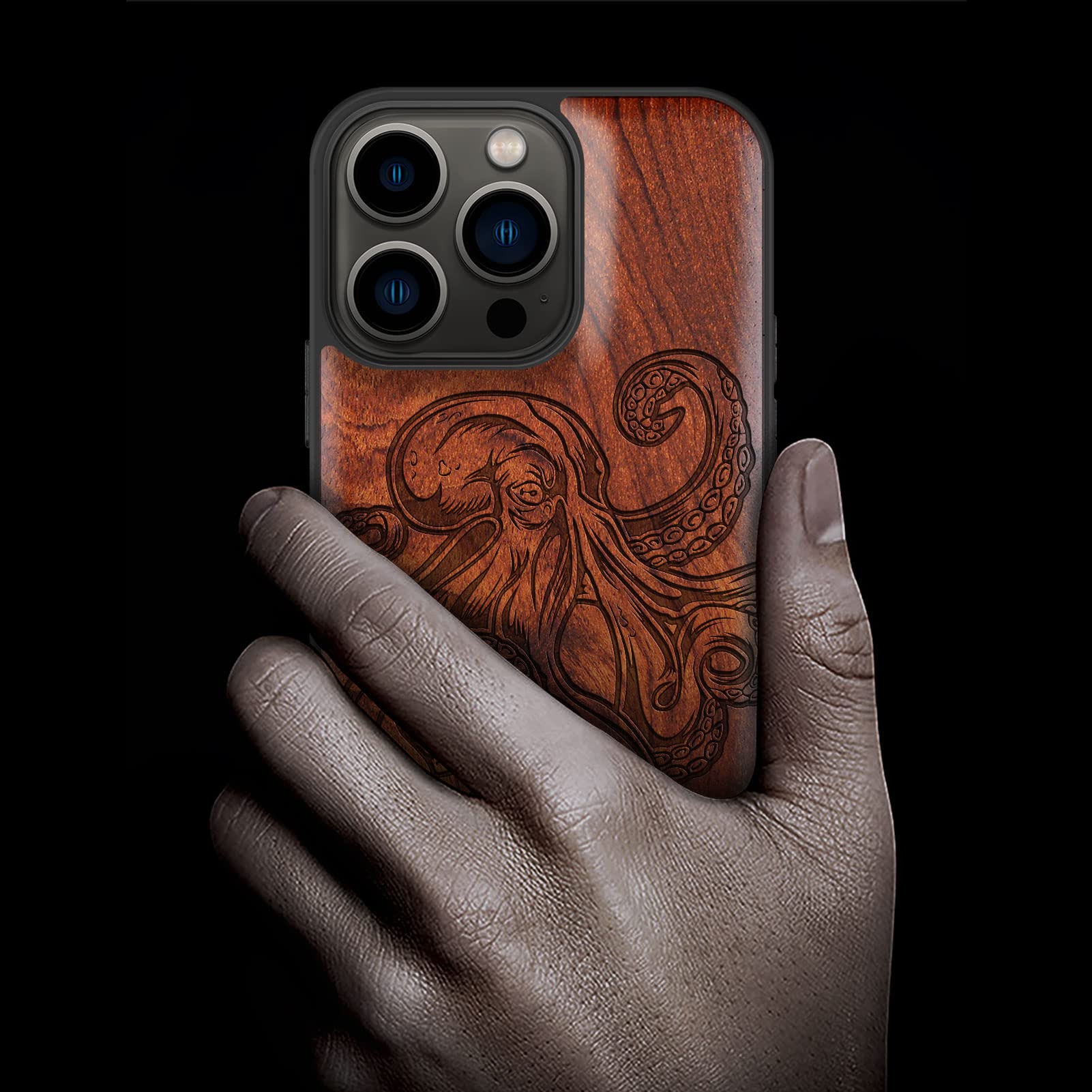 Carveit Magnetic Wood Case for iPhone 13 Pro - Natural Wood & Black TPU Shockproof Protective Cover with MagSafe Compatibility | Octopus Design Red Wood | Perfect for Outdoor Adventures & Business Meetings