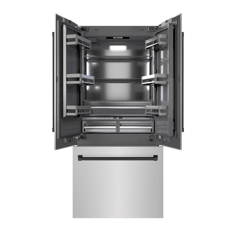 ZLINE Autograph Edition 36 Inch 19.6 Cu Ft French Door Built-In Bottom Freezer Refrigerator with Water Dispenser & Ice Maker - Stainless Steel with Graphite Gray Interior & Matte Black Accents (GRBIVZ 304 36MB) - Perfect for Modern Kitchens & Open Concept Homes