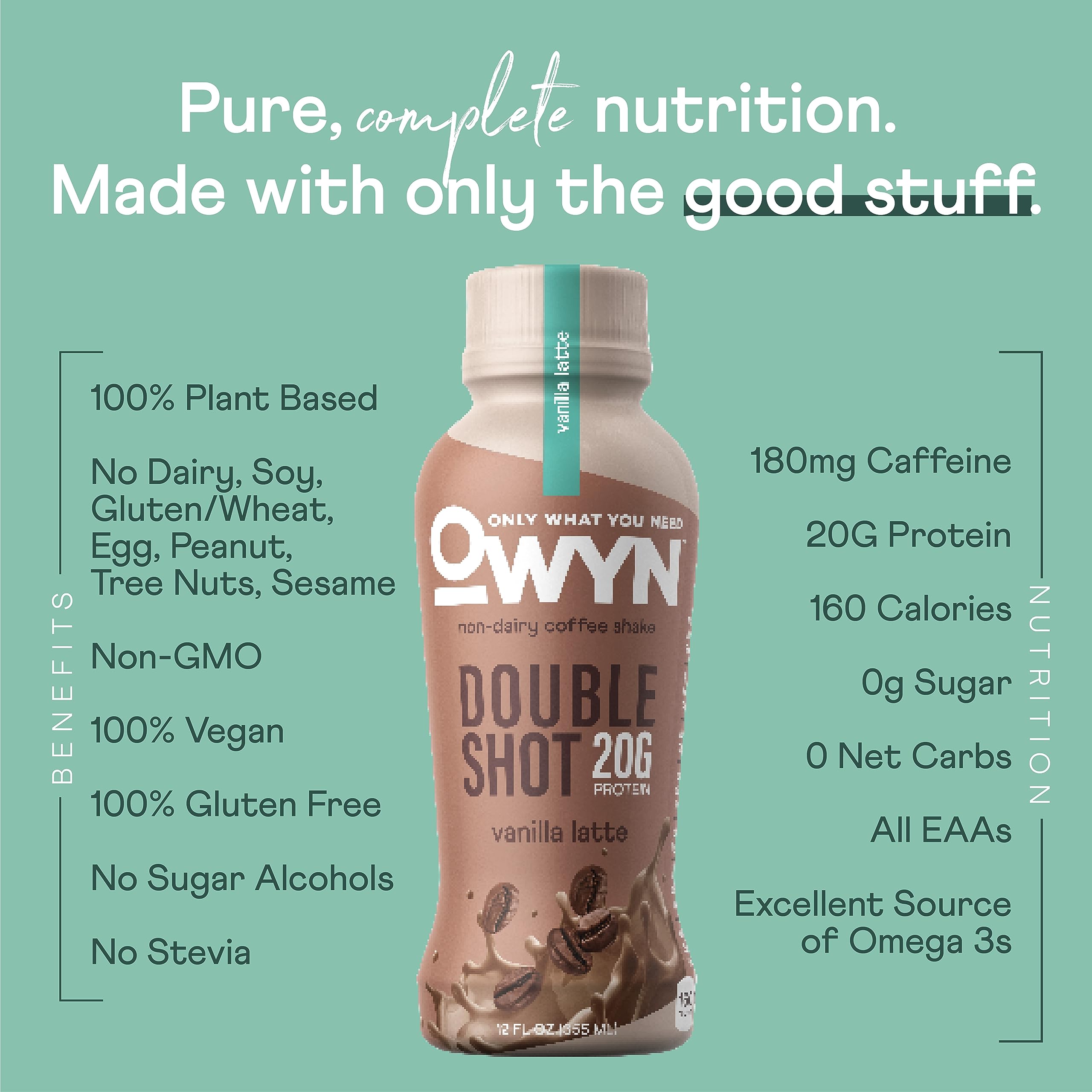 OWYN Dairy-Free Protein Coffee Shake Variety Pack - 20g Plant-Based Protein with Caffeine, Doubleshot & Cold Brew Flavors (12 Pack, 12oz Bottles) - Perfect for Post-Workout Recovery, Morning Energy Boost & On-the-Go Nutrition