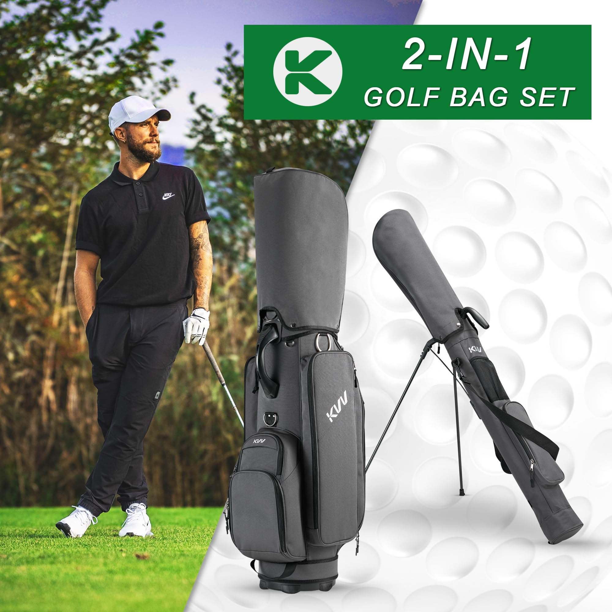 KVV 2-in-1 Golf Cart Bag with Detachable Full Size Stand - Premium Golf Carry Bag for Men - Perfect for Course Play & Driving Range Practice