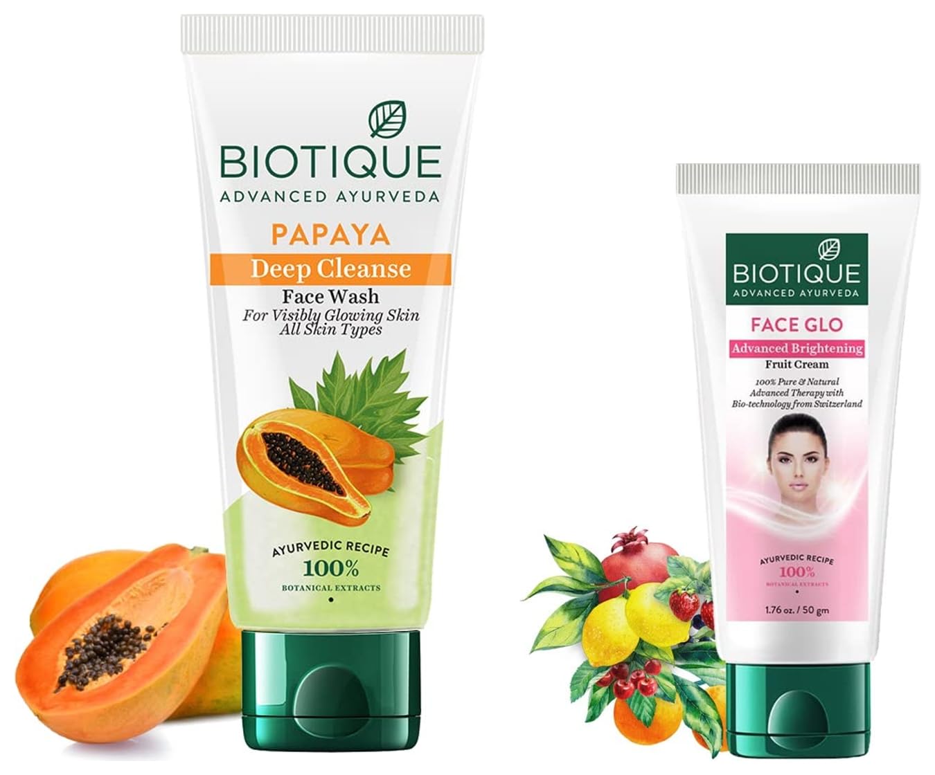 Biotique Bio Papaya Visibly Flawless Skin Face Wash 150ml for All Skin Types & Bio White Advanced Fairness Treatment Cream 50g - Gentle Cleansing & Brightening Skincare Set for Daily Use, Perfect for Morning & Night Routine