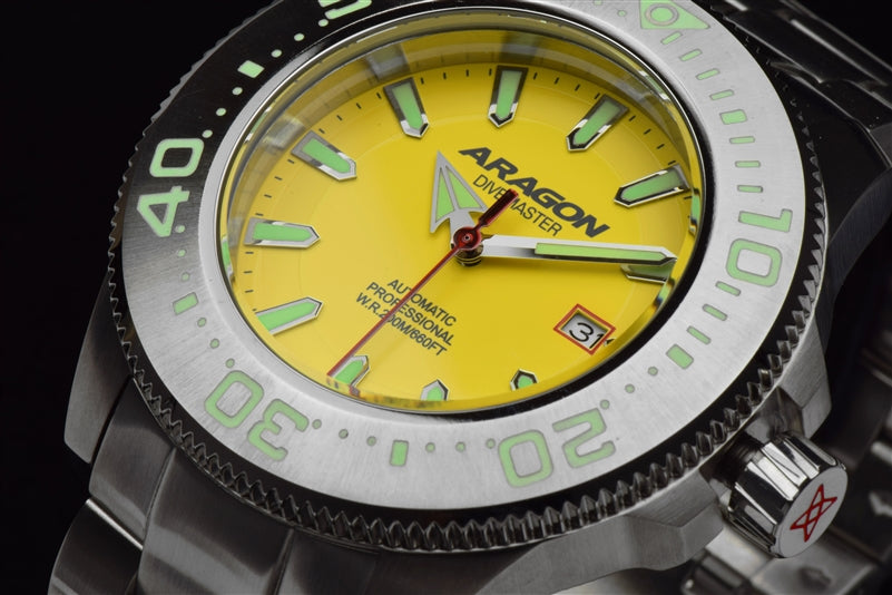 ARAGON Divemaster NH35 Automatic Diver Watch - 50mm Stainless Steel Case with Bracelet, Yellow Dial (Model A057YEL) - Perfect for Scuba Diving, Water Sports & Outdoor Adventures