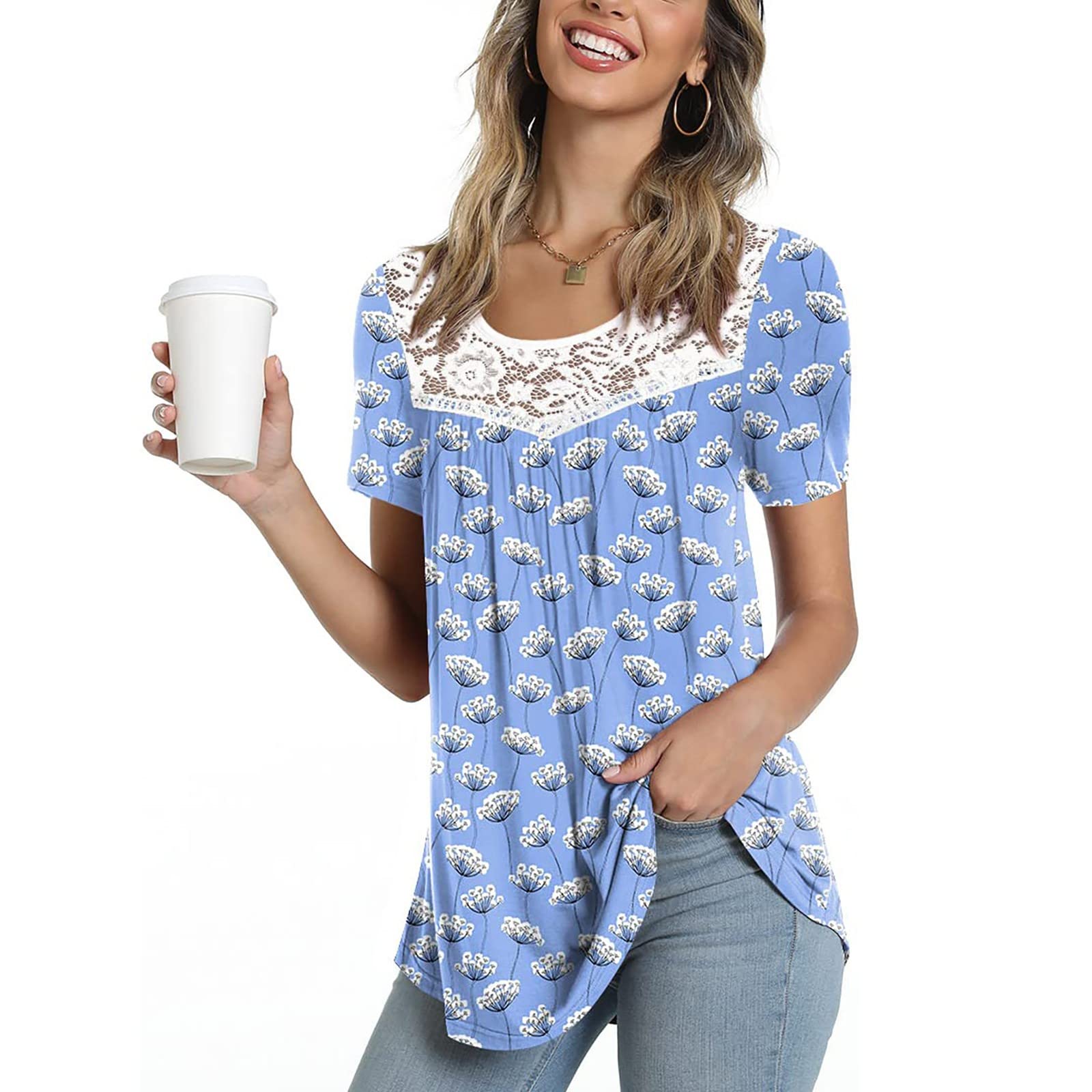 Women's Floral Lace Tunic Tops - Summer Casual Short Sleeve Tee for Outings