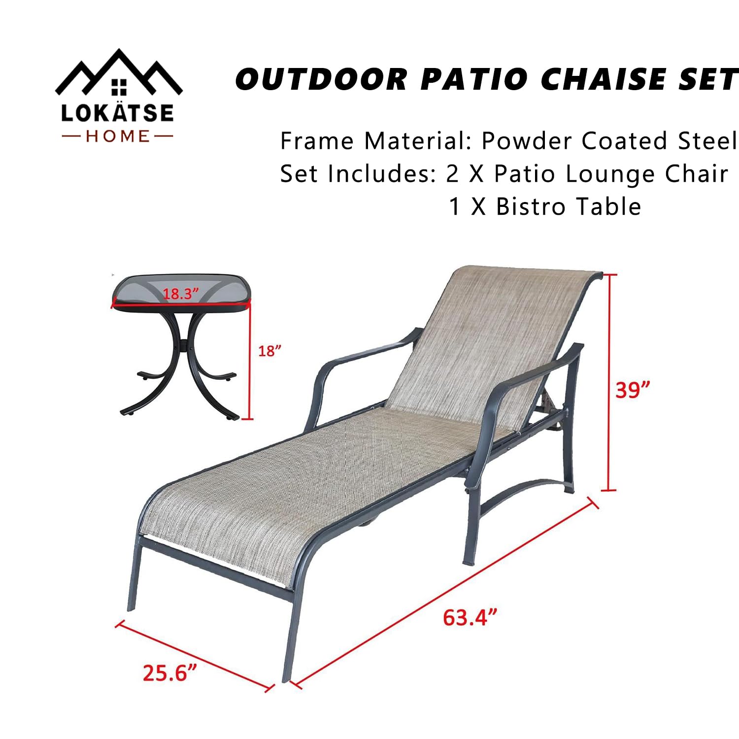 LOKATSE HOME 3-Piece Outdoor Chaise Lounge Set with Adjustable Back - Steel Frame Patio Pool Chairs & Coffee Table in Grey - Perfect for Backyard, Poolside, and Garden Relaxation