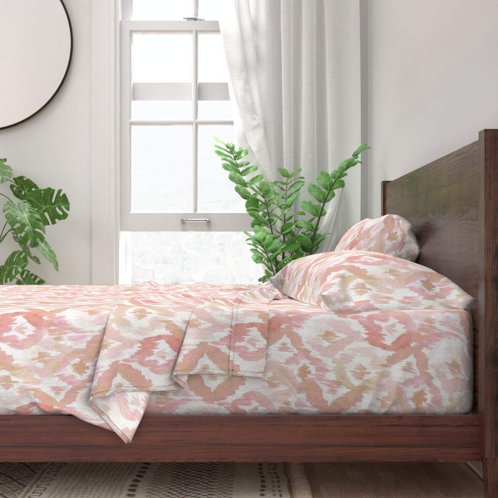 Premium 100% Cotton Twin 3-Piece Sheet Set | Ikat Diamonds Blush Pink Geometric Pattern | Soft Watercolor Nursery Print Custom Bedding | Perfect for Kids' Rooms, Guest Bedrooms & Boho Home Decor