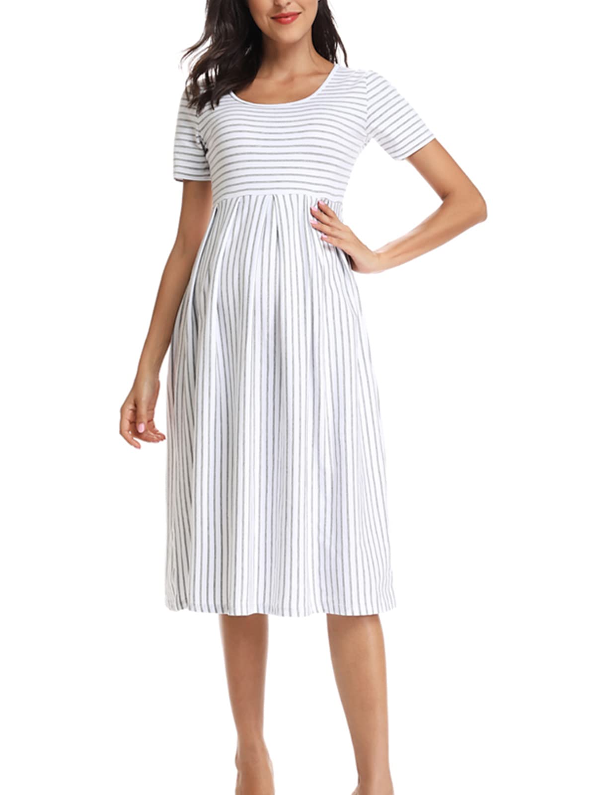 BBHoping Women's Casual Striped Maternity Dress - Short & 3/4 Sleeve Knee-Length Pregnancy Clothes for Baby Shower, Nursing, and Everyday Wear