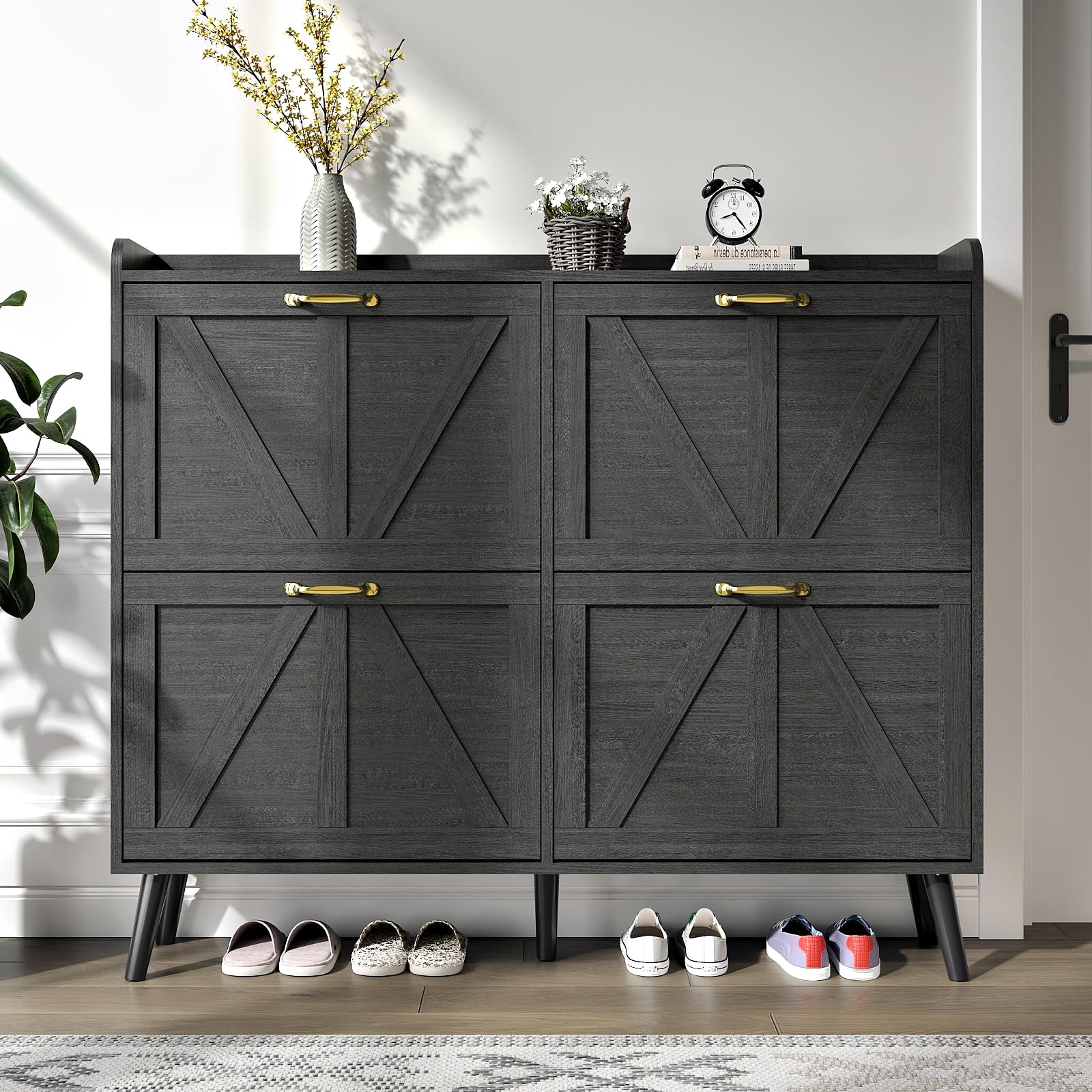 4-Tier Flip-Drawer Shoe Storage Cabinet - Freestanding Entryway Organizer with Wooden Legs | Farmhouse Style Hidden Shoe Rack for Hallway, Bedroom & Closet (Black)