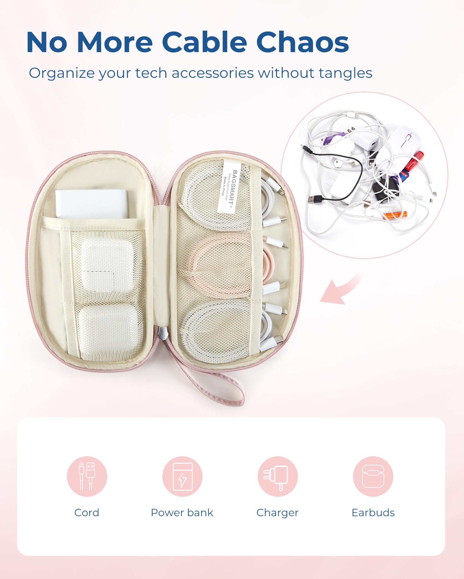 BAGSMART Travel Electronics Organizer - Puffer Cable Organizer Bag for Charger, Phone, Flash Drive (Pink) | Compact Tech Storage Case for Women | Perfect for Business Trips, Vacations & Daily Commute