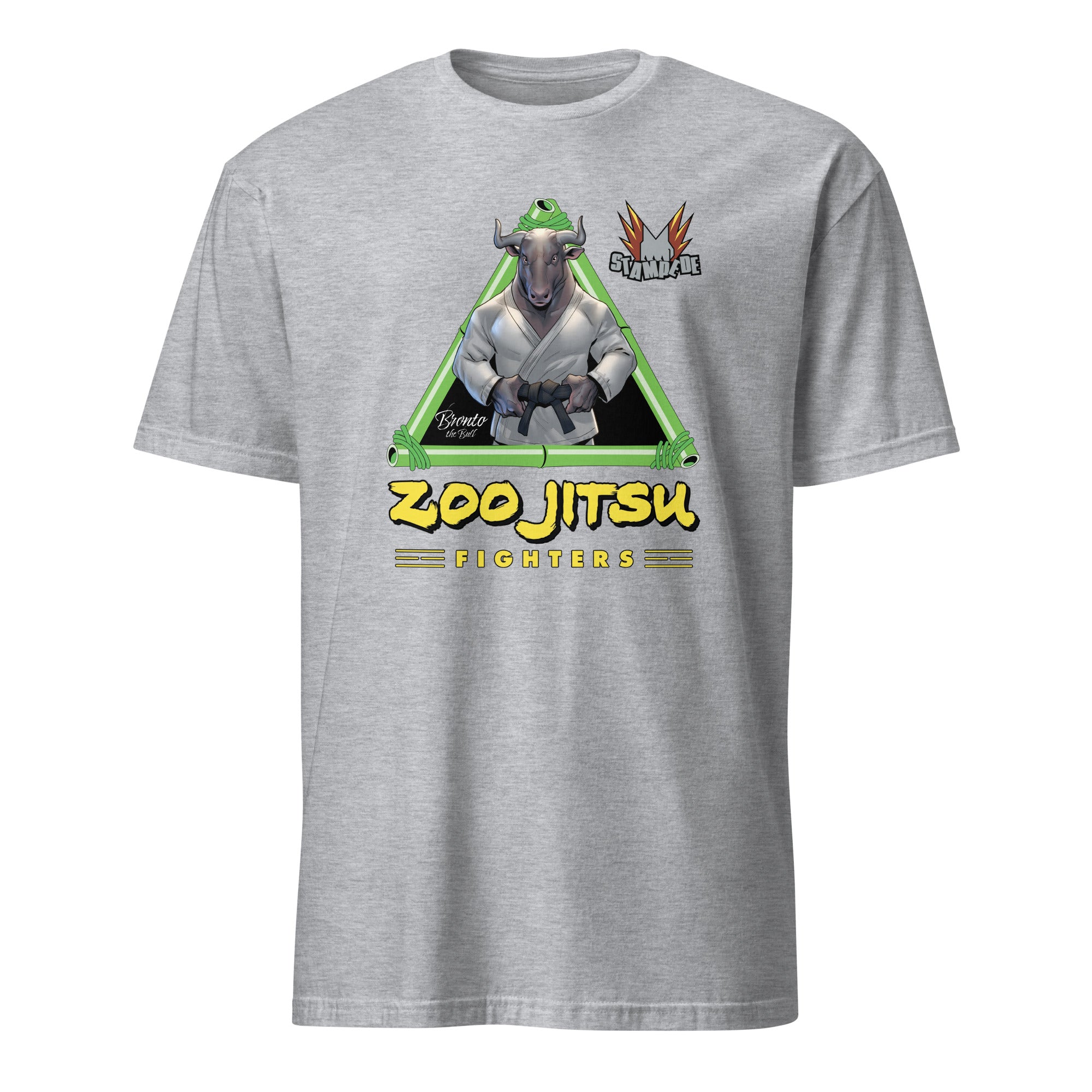 Zoo Jitsu Fighters Bronto the Bull Graphic T-Shirt - Unisex Short Sleeve Cotton Tee - Funny Animal MMA Shirt for Men & Women - Perfect for Gym, Casual Wear & Gifts
