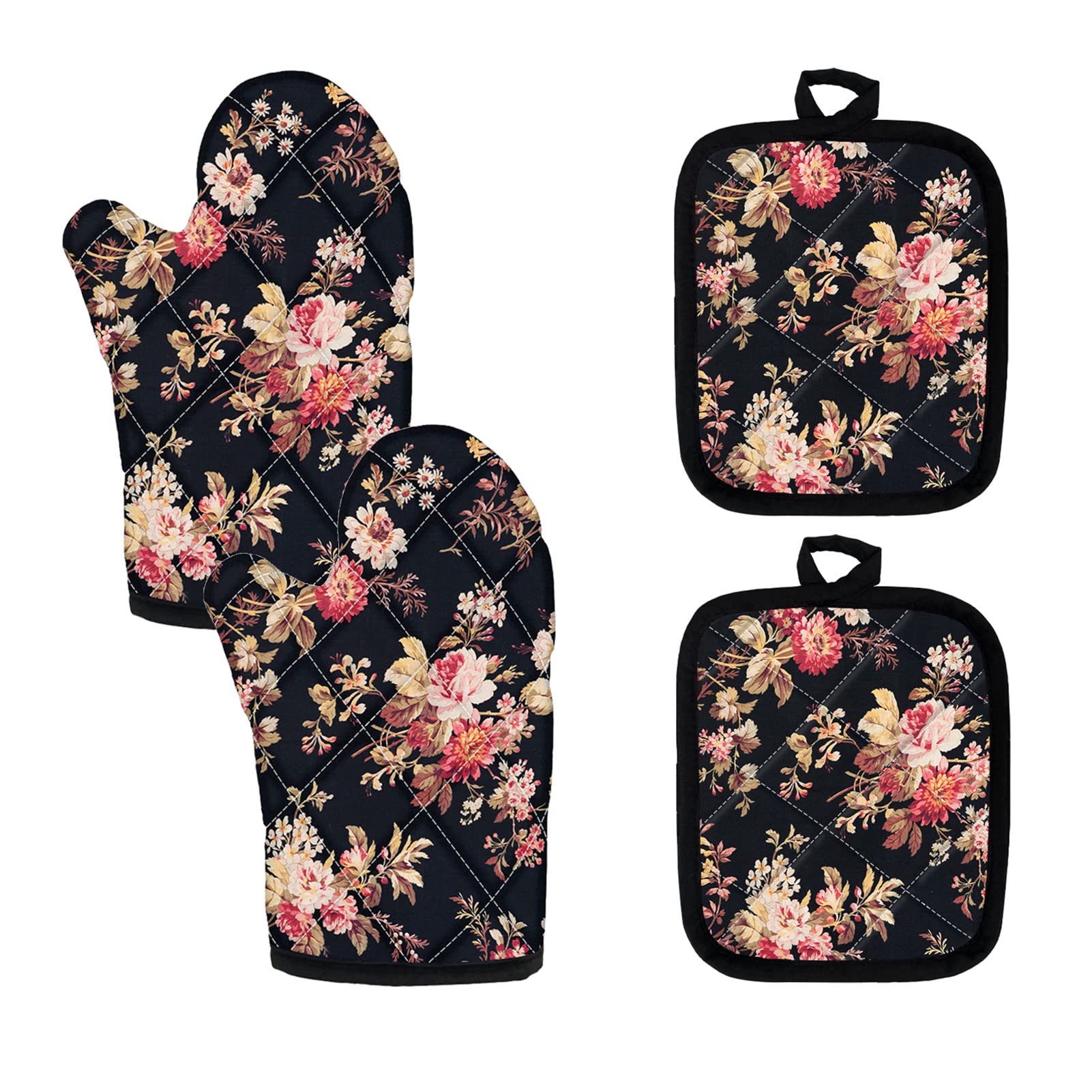 UNICEU Azalea Floral Print Oven Mitts and Pot Holder Set - 4 Pack Heat Resistant Kitchen Gloves with Thick Cotton Lining for Baking, Cooking, Grilling - Perfect for Home Kitchen, BBQ Parties & Holiday Gift Giving