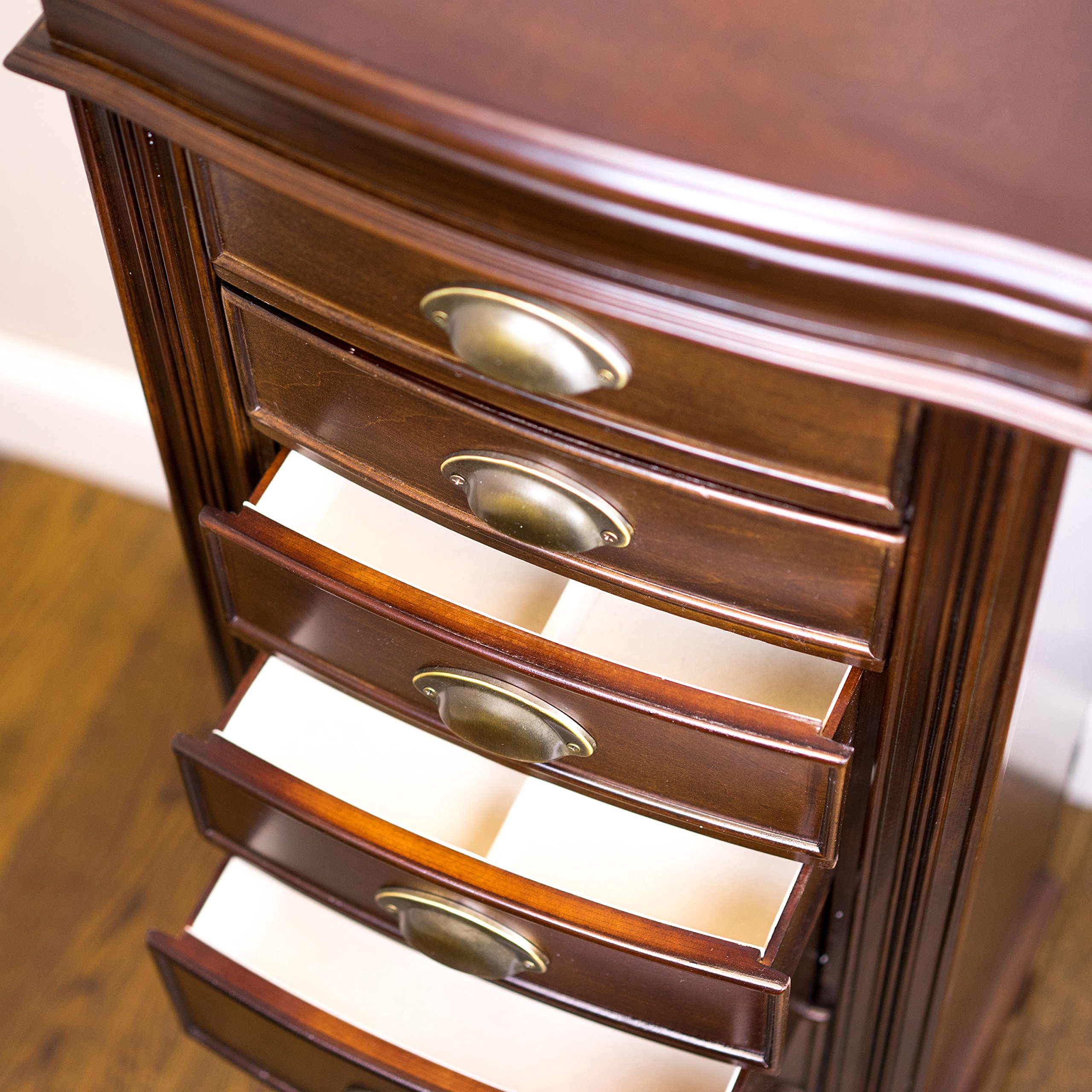 Alexa Walnut Jewelry Armoire with 7 Drawers - Classic Wooden Jewelry Organizer with Multiple Compartments for Necklaces, Rings & Bracelets - Perfect for Bedroom Vanity, Closet Storage & Gift Giving