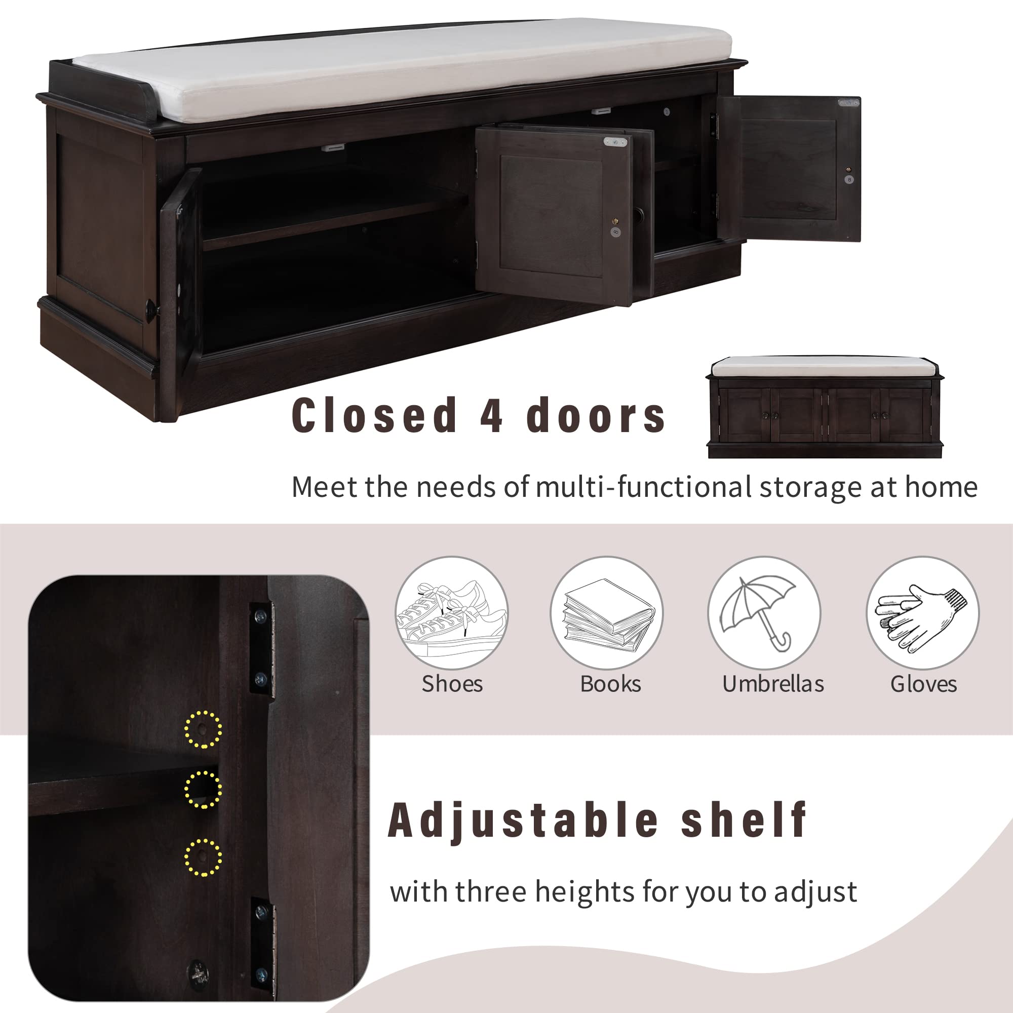 Harper & Bright Designs Storage Bench with Removable Cushion, 4 Doors & Adjustable Shelves - Entryway Shoe Bench for Living Room, Hallway, Bedroom - Espresso Finish for Home Organization & Decor