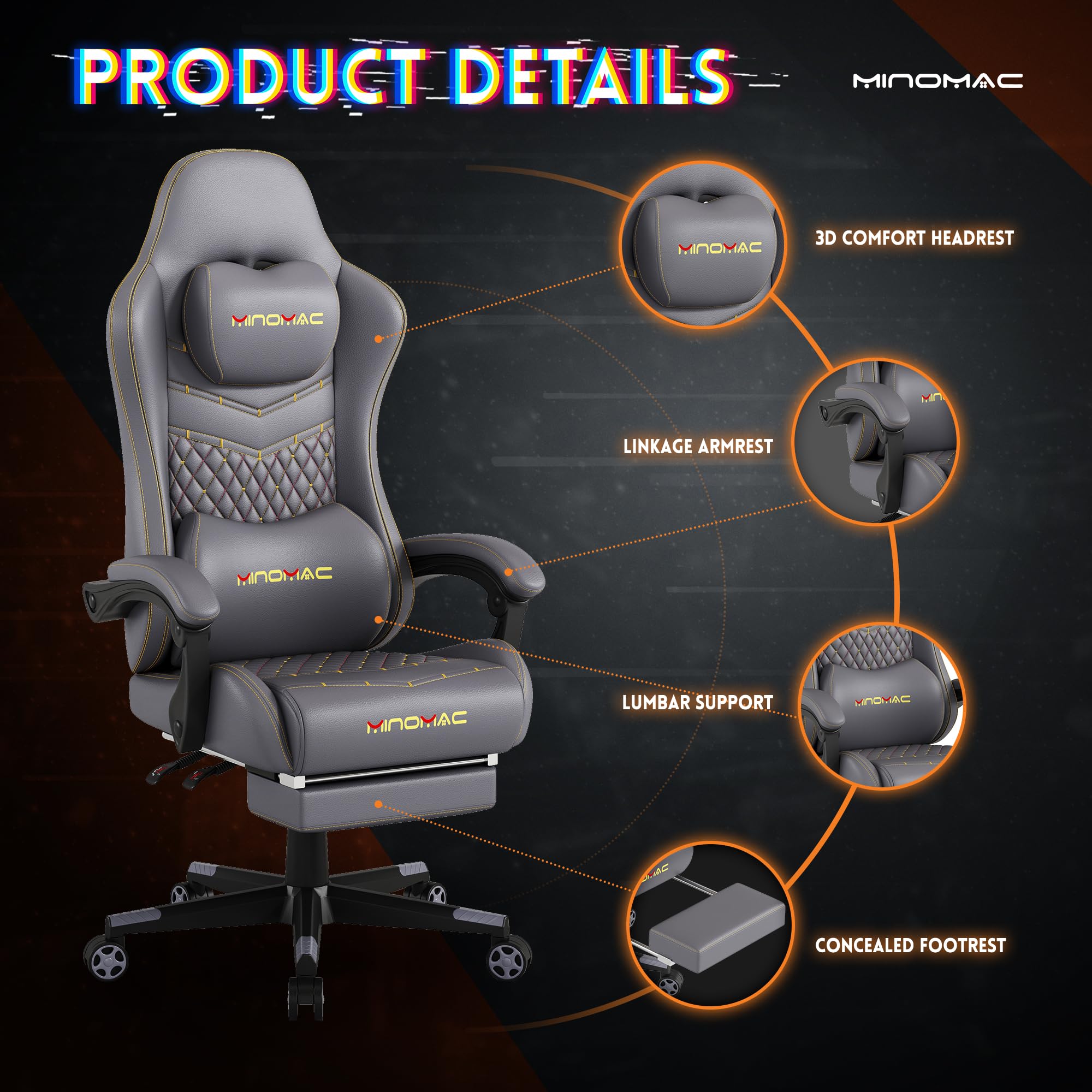 Premium Ergonomic Gaming Chair with Adjustable Footrest & Lumbar Support - 400lbs Weight Capacity, Breathable PU Leather, 155° Reclining Computer Chair for Adults (Grey) - Perfect for Long Gaming Sessions, Home Office & Esports Tournaments