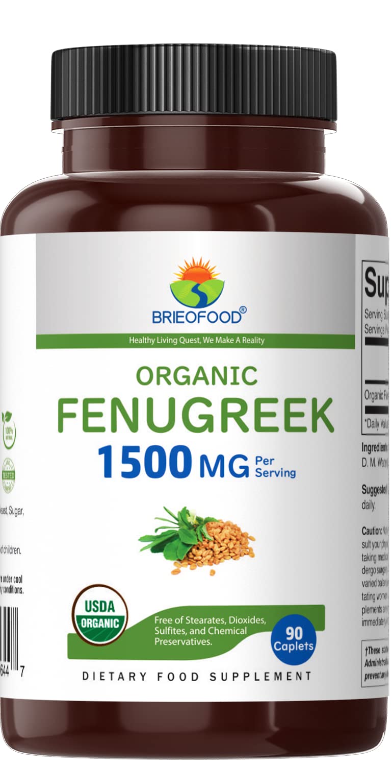 Brieofood Organic Fenugreek 1500mg Supplement - 90 Vegetarian Capsules | Gluten-Free, Non-GMO, 45 Servings | Supports Digestion & Lactation - Perfect for Postpartum & Vegan Diets