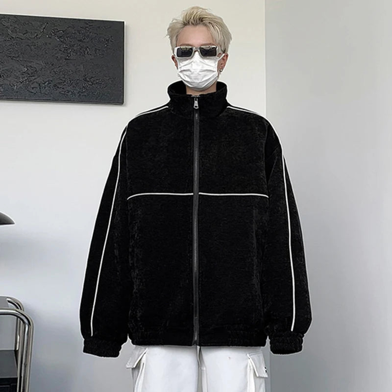 American Style Men's Loose Stand Collar Jacket - Vertical Stripe Contrast Color Casual Coat with Zippers | Trendy Streetwear for Fall & Winter | Perfect for Daily Wear, Outdoor Activities and Fashion Statements (Style 9C6596)