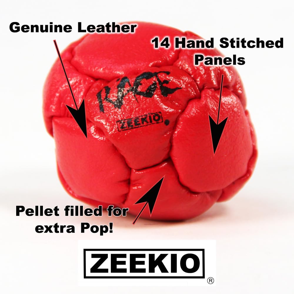 Zeekio Red Rage Footbag - Genuine Leather 14-Panel Hacky Sack with Pellet Filling - Hand Stitched for Durability - Perfect for Outdoor Games, Gym Class & Skill Training