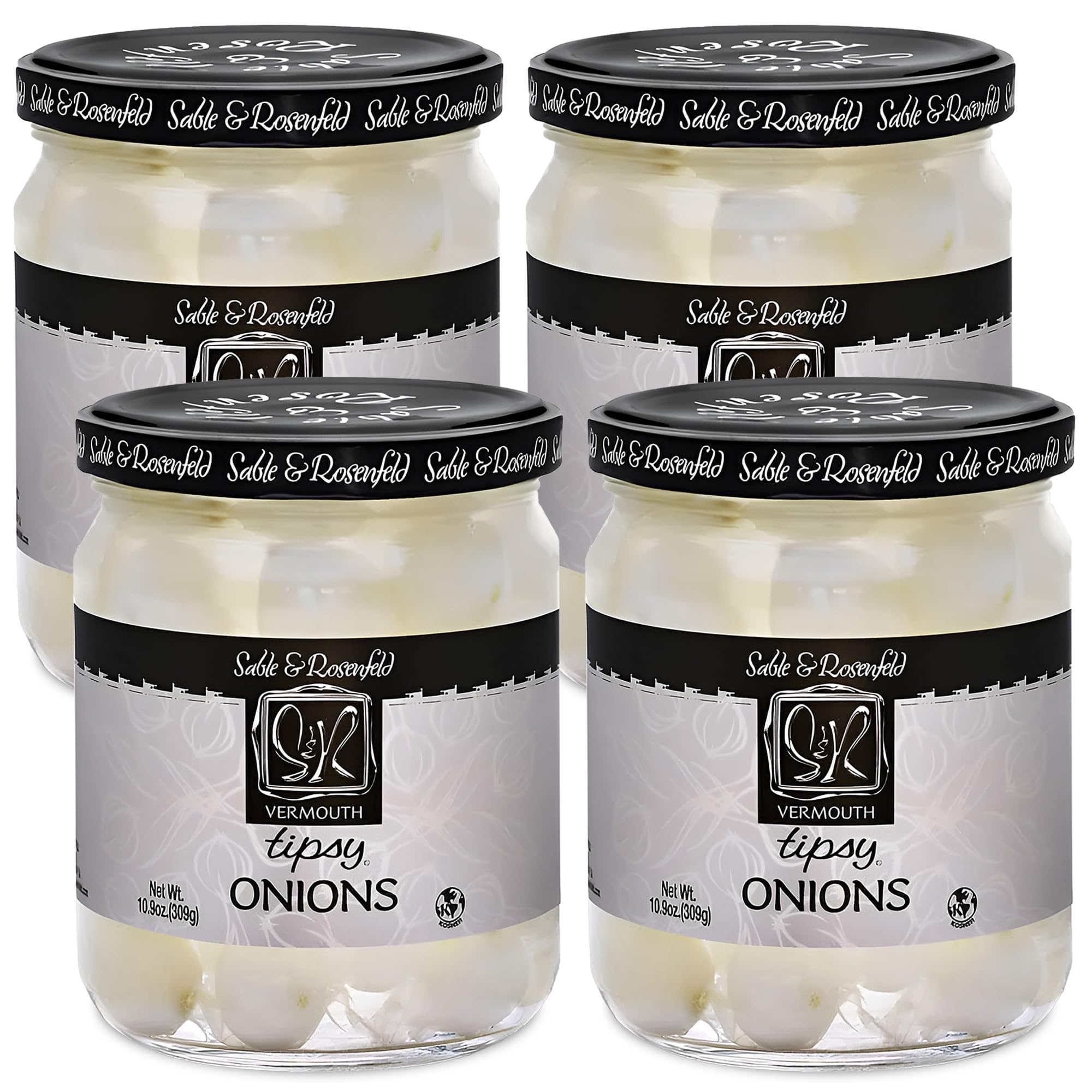 Premium Tipsy Cocktail Onions in Jar with French Vermouth - Gourmet Pickled Silverskin Onions for Martinis, Gibsons & Bloody Marys - Kosher Parve Cocktail Garnish - Sable & Rosenfeld - 10.9oz (Pack of 4) - Perfect for Home Bars, Dinner Parties & Holiday Entertaining