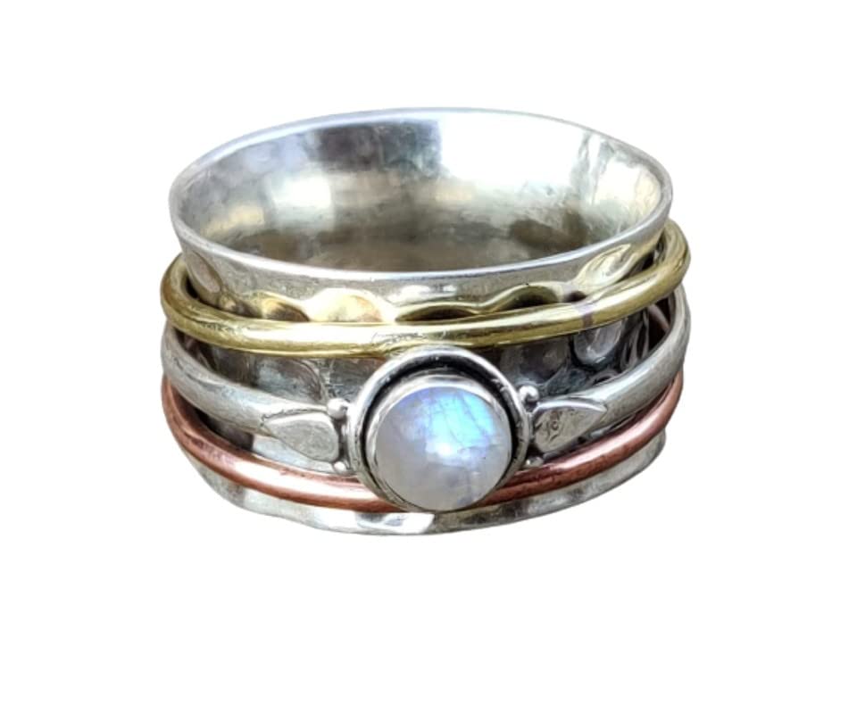 Moonstone Spinner Ring for Women - Handmade Silver Meditation & Anxiety Relief Ring - Elegant Spinning Statement Band Jewelry - Perfect for Stress Relief, Mindfulness & Fashion Accessories