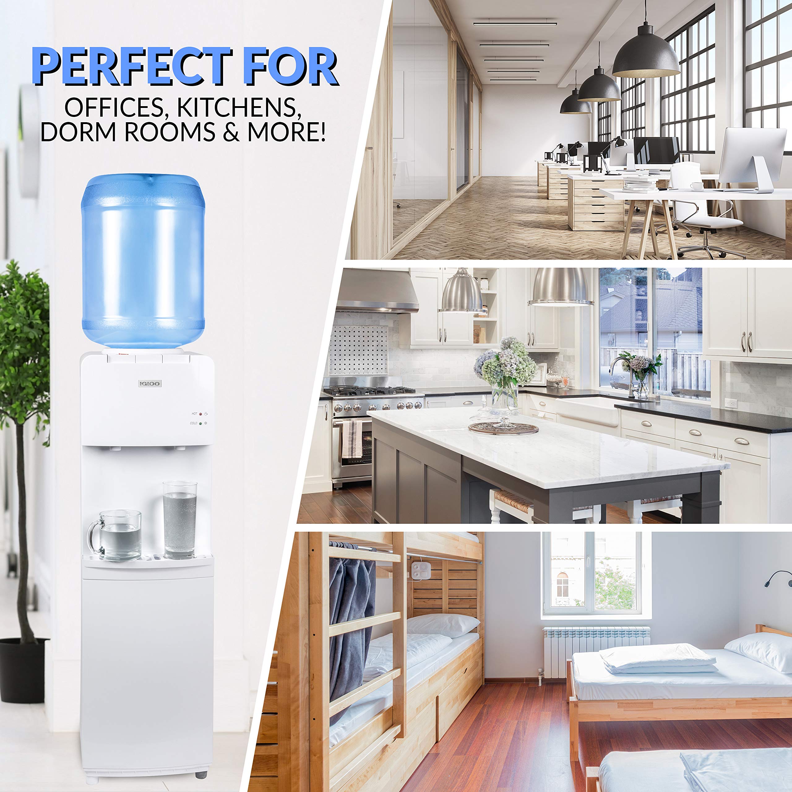 Igloo Top Loading Hot and Cold Water Dispenser - 5 Gallon & 3 Gallon Bottle Water Cooler with Child Safety Lock - Energy Efficient Home & Office Water Machine - White - Perfect for Kitchens, Break Rooms, and Dorm Rooms
