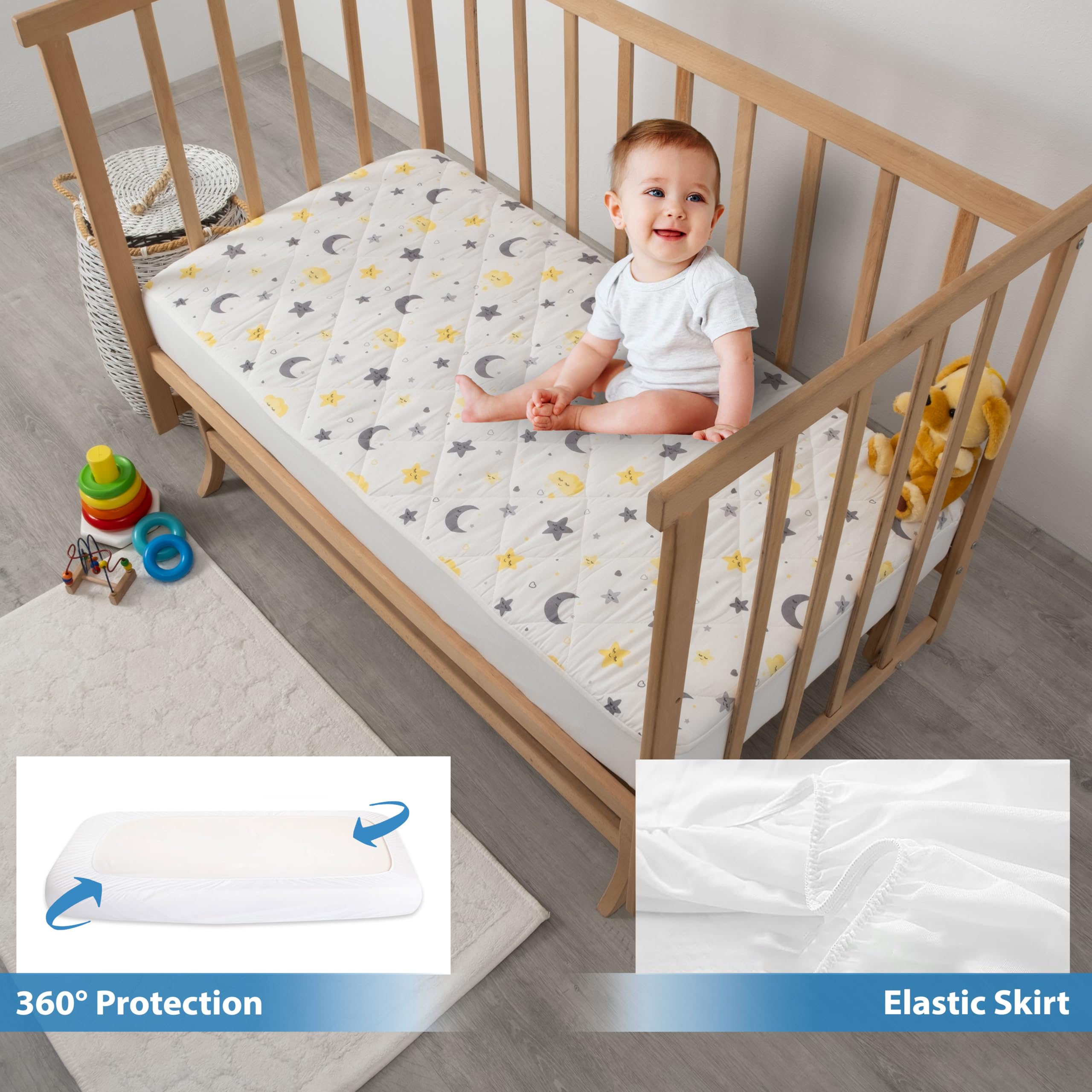 Waterproof Crib Mattress Protector - 100% Cotton Quilted Absorbent Sheet for Baby & Toddler - Certified Noiseless Machine Washable - Moon & Star Pattern 52