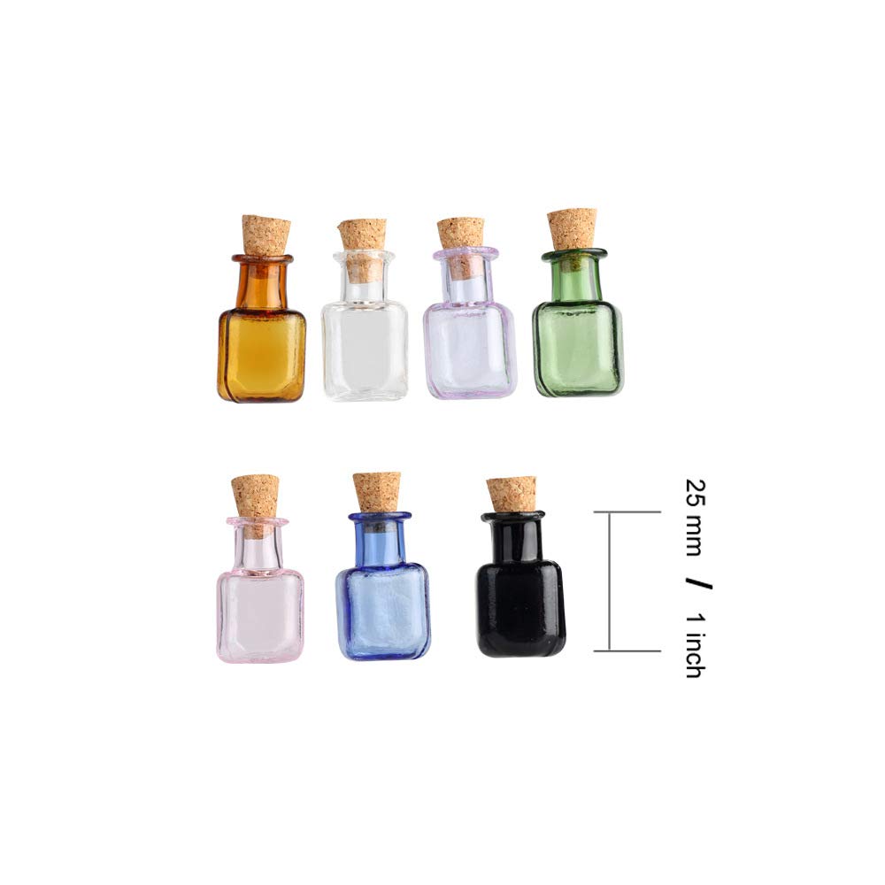 Mini Glass Color Bottles - 7 Color Rectangle Cute Bottles with Cork Stoppers for DIY Crafts, Essential Oils & Home Decor