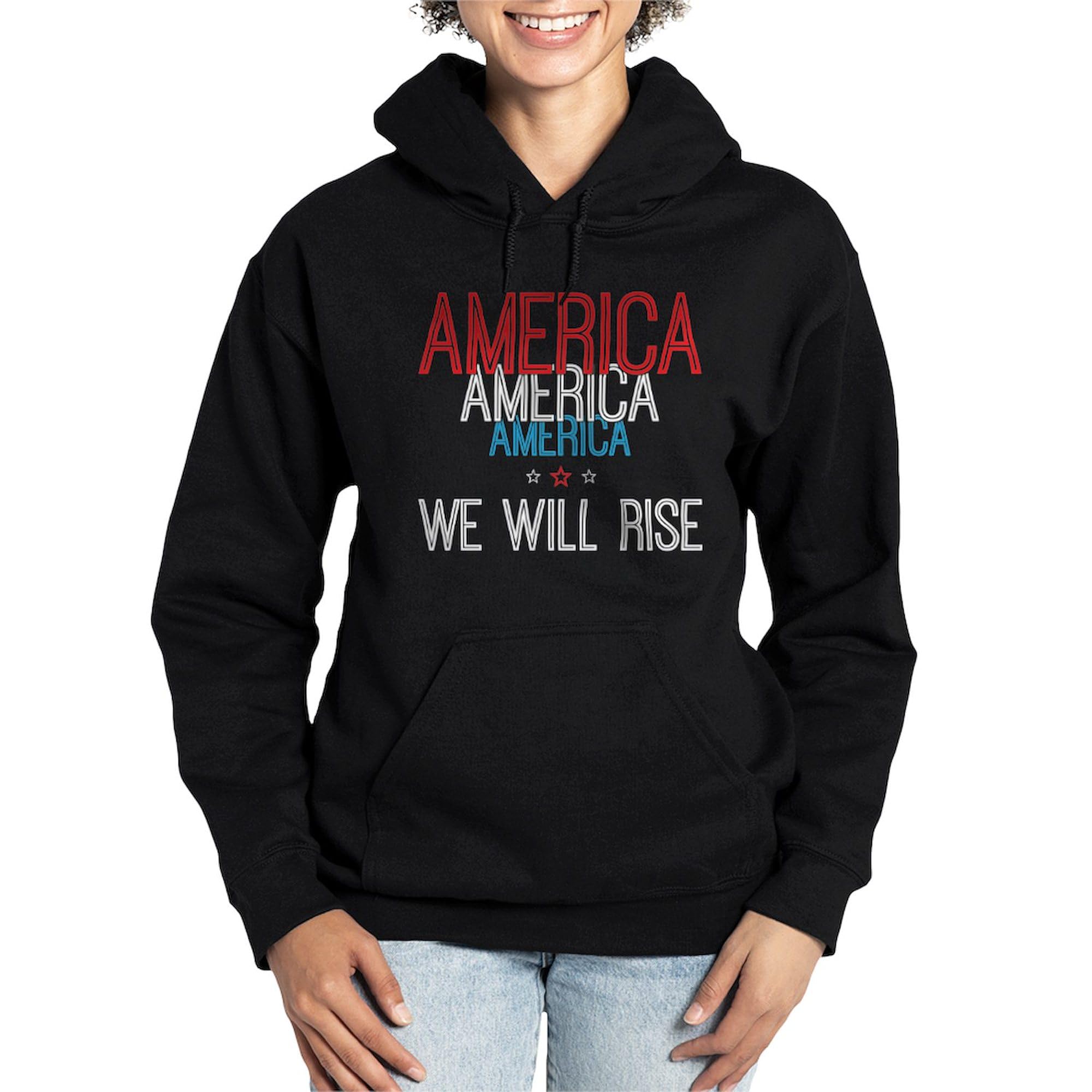 America We Will Rise Women's Dark Pullover Hooded Sweatshirt | Patriotic Womens Hoodie | Soft Fleece Pullover | Perfect for Casual Wear, Outdoor Activities & Political Events