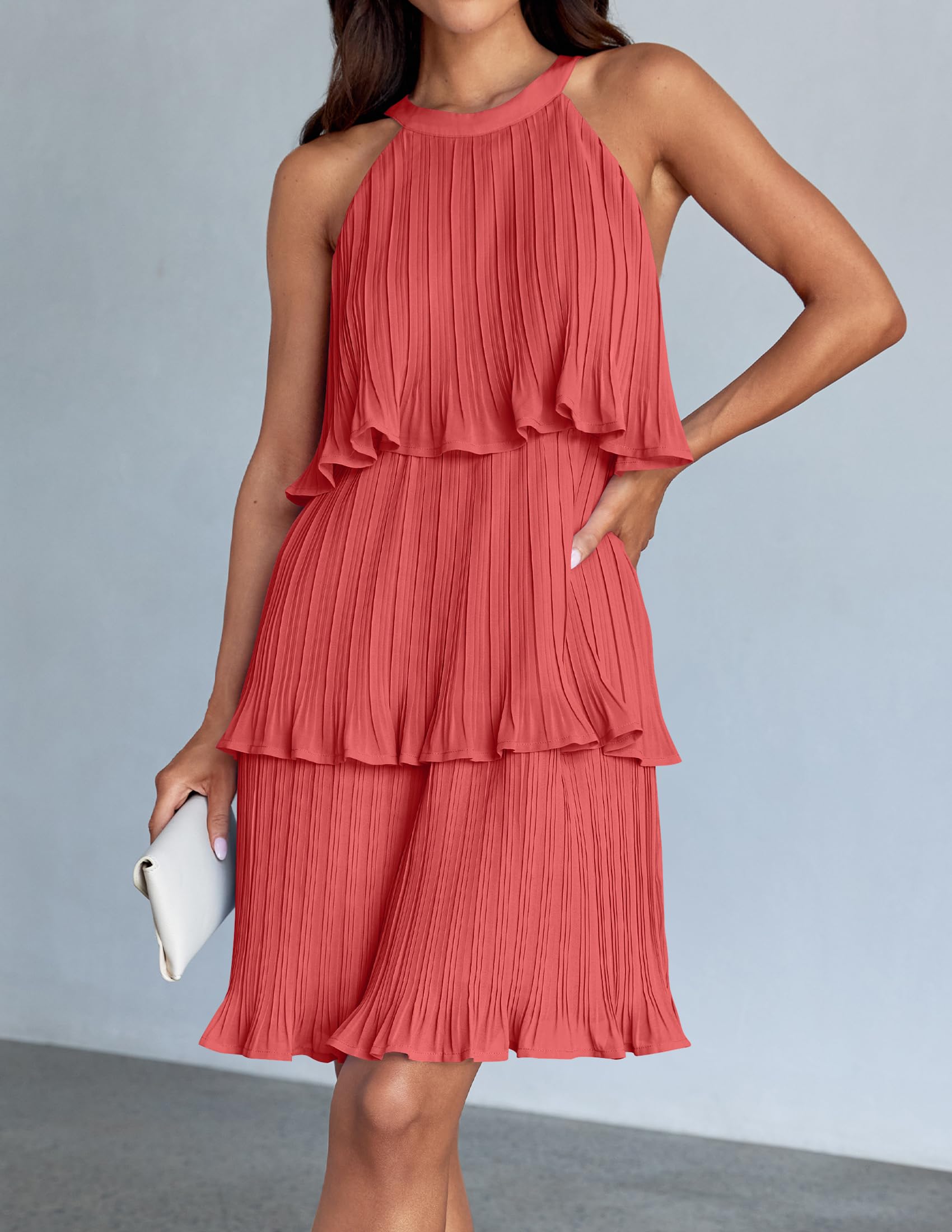 ZESICA Women's 2025 Summer Halter Dress - Sleeveless Ruffle Tiered Chiffon Pleated A-Line Swing Mini Dress for Beach, Vacation & Party Wear