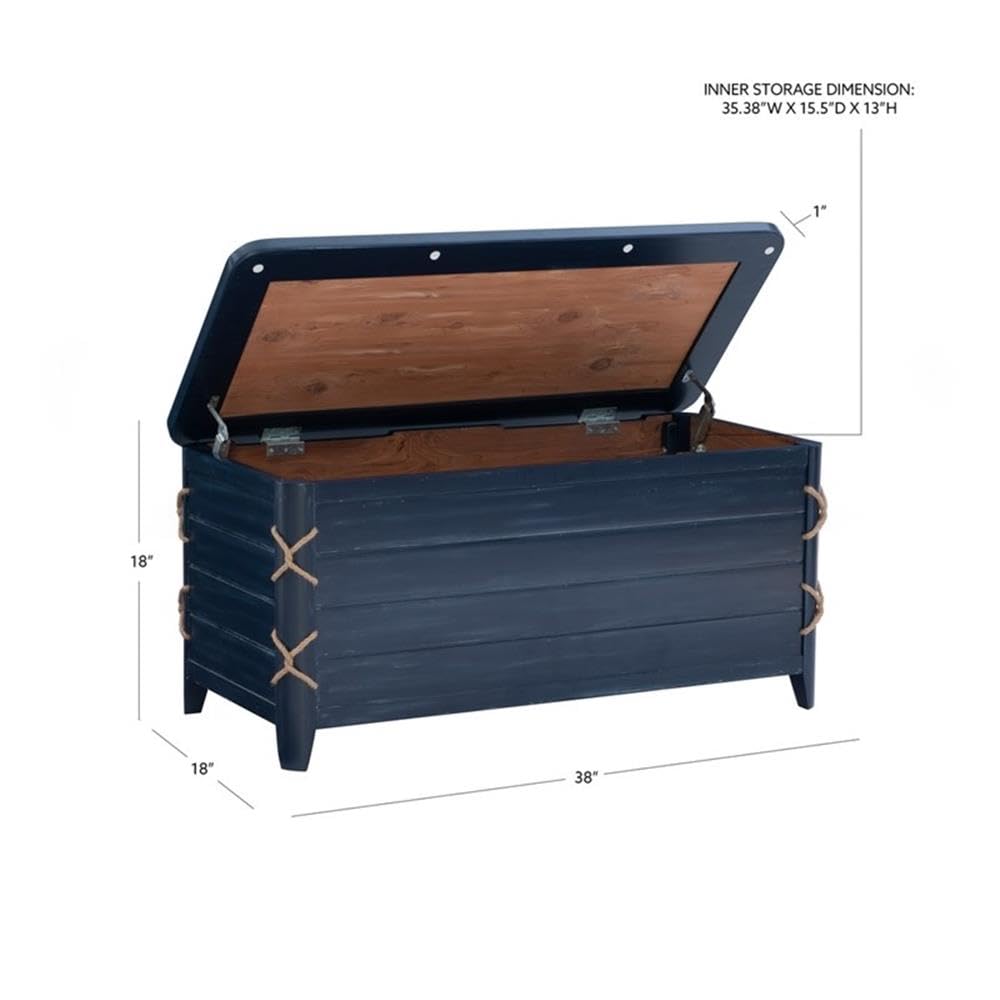 Linon Zana Blue Distressed Wood Cedar Lined Storage Chest with Rope Detail - Perfect for Bedroom Closet Organization & Blanket Storage