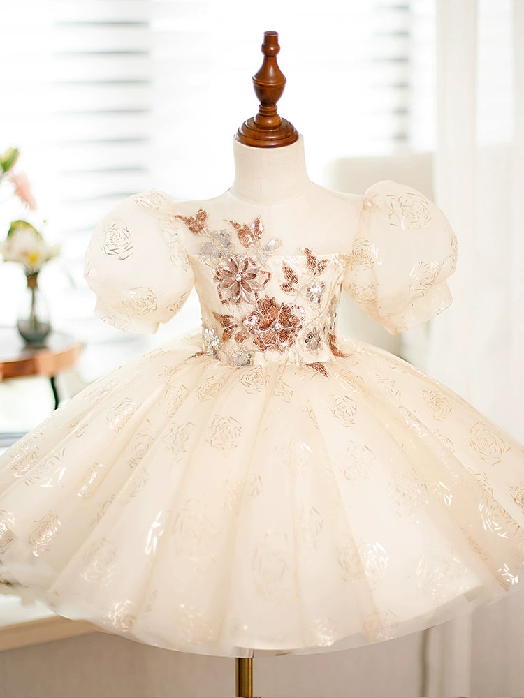 Champagne Princess Round Tea Length Organza Flower Girl Dress for Weddings & Special Occasions