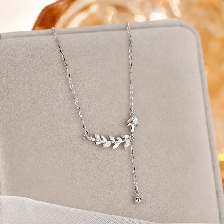 Marquise Olive Branch Leaf Y Necklace - Elegant Sterling Silver Pendant for Women | Perfect for Weddings, Anniversaries & Everyday Wear | R8236